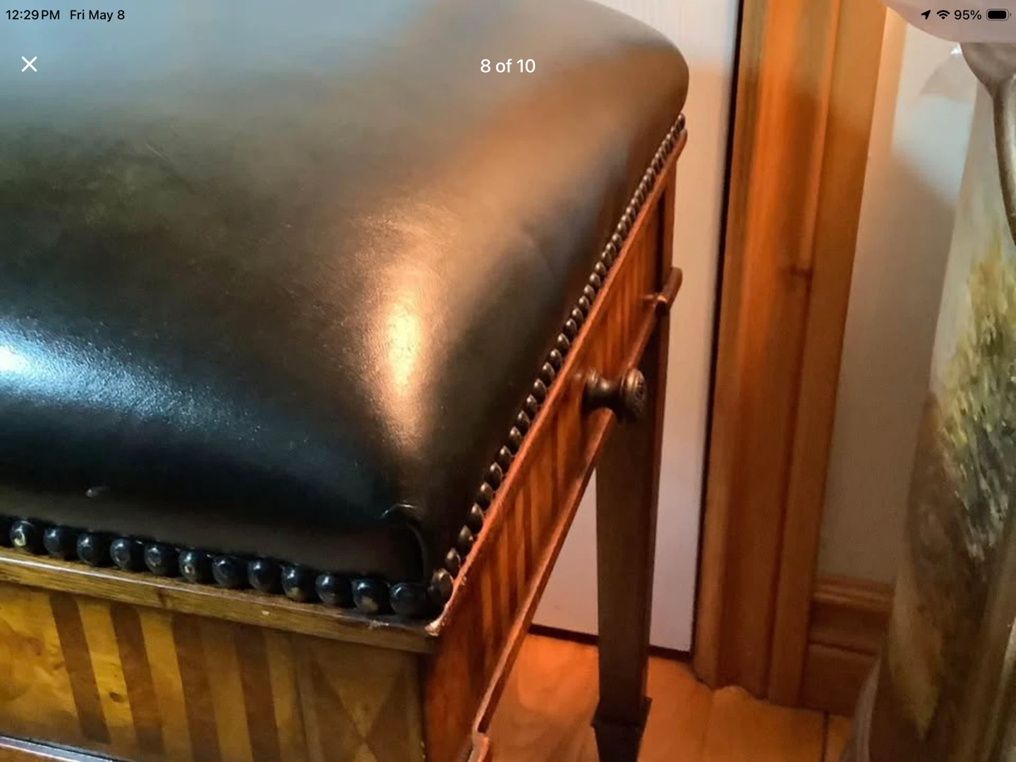 Vtg Wood Bench w Studded Leather Upholstery & 2 Drawers🐞 - photo 5