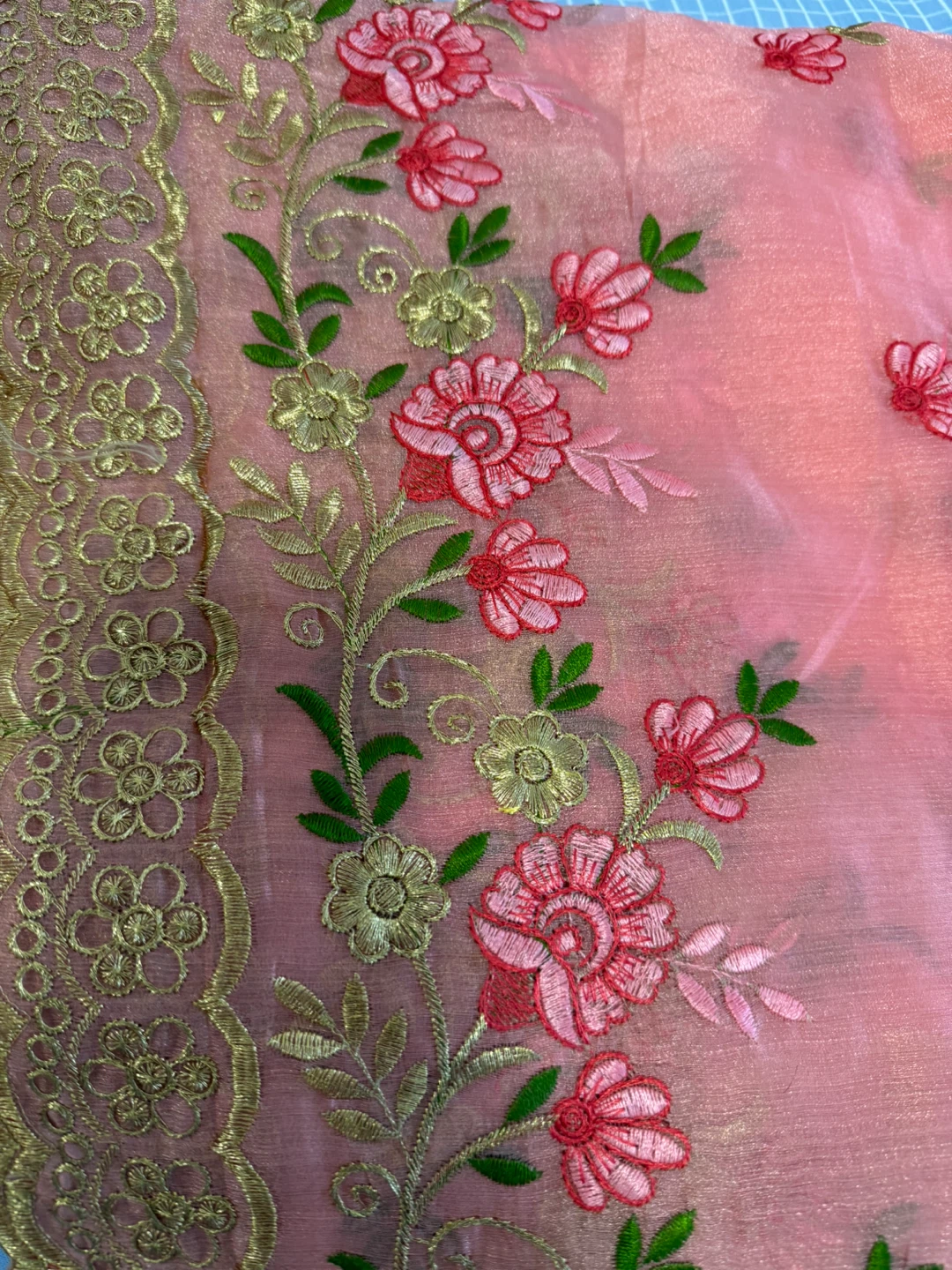 Pink Embroidered Scarf with Floral Design