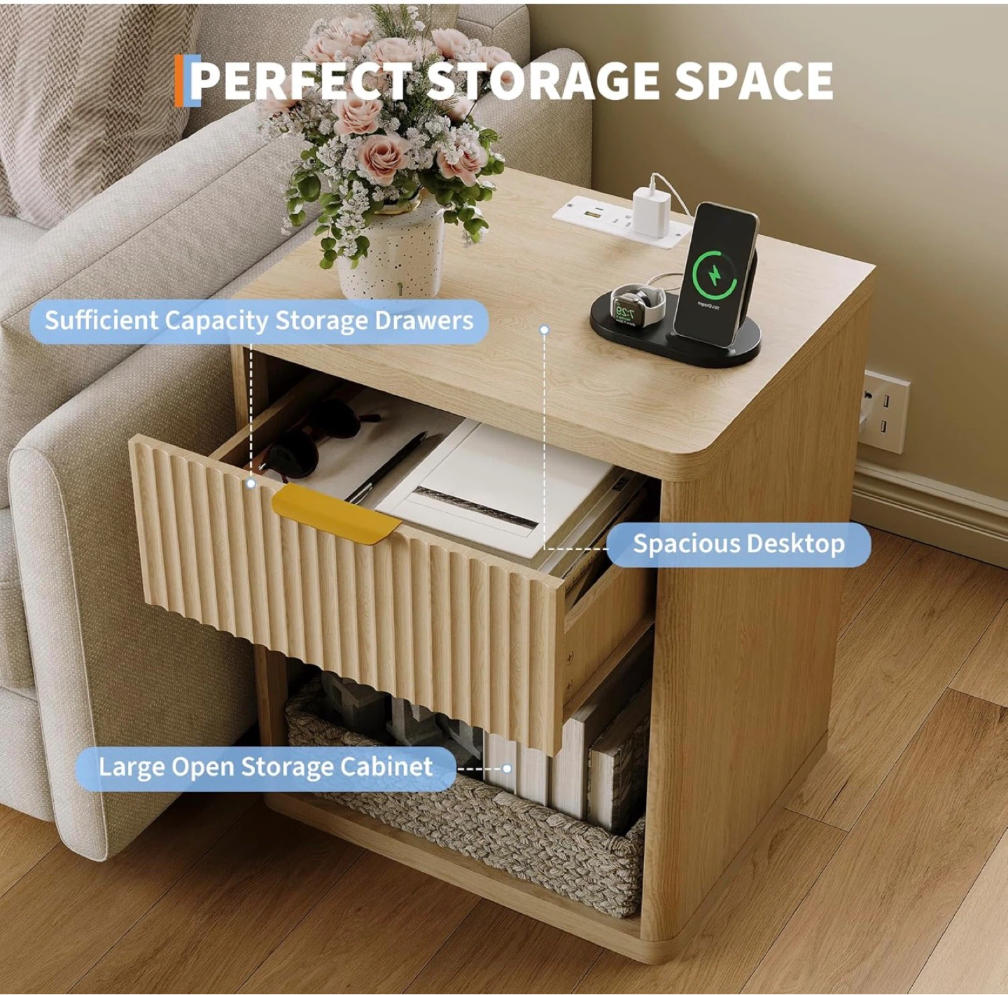 Bedside Table Nightstand with Drawer and Open Storage - photo 2
