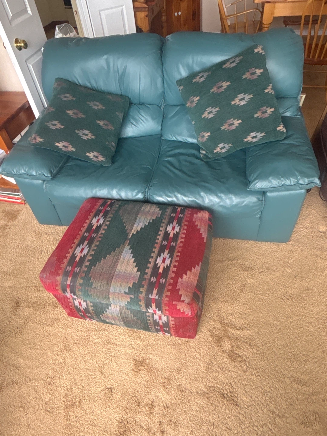 Teal Leather Loveseat with Matching Ottoman and Pillows