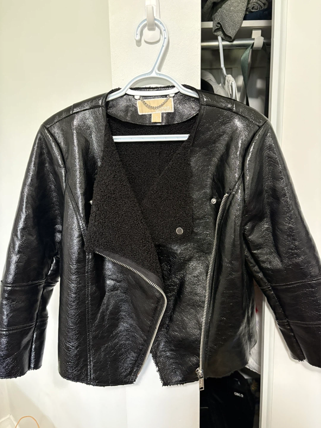 Michael Kors Black Faux Leather Sherpa Lined Moto Jacket