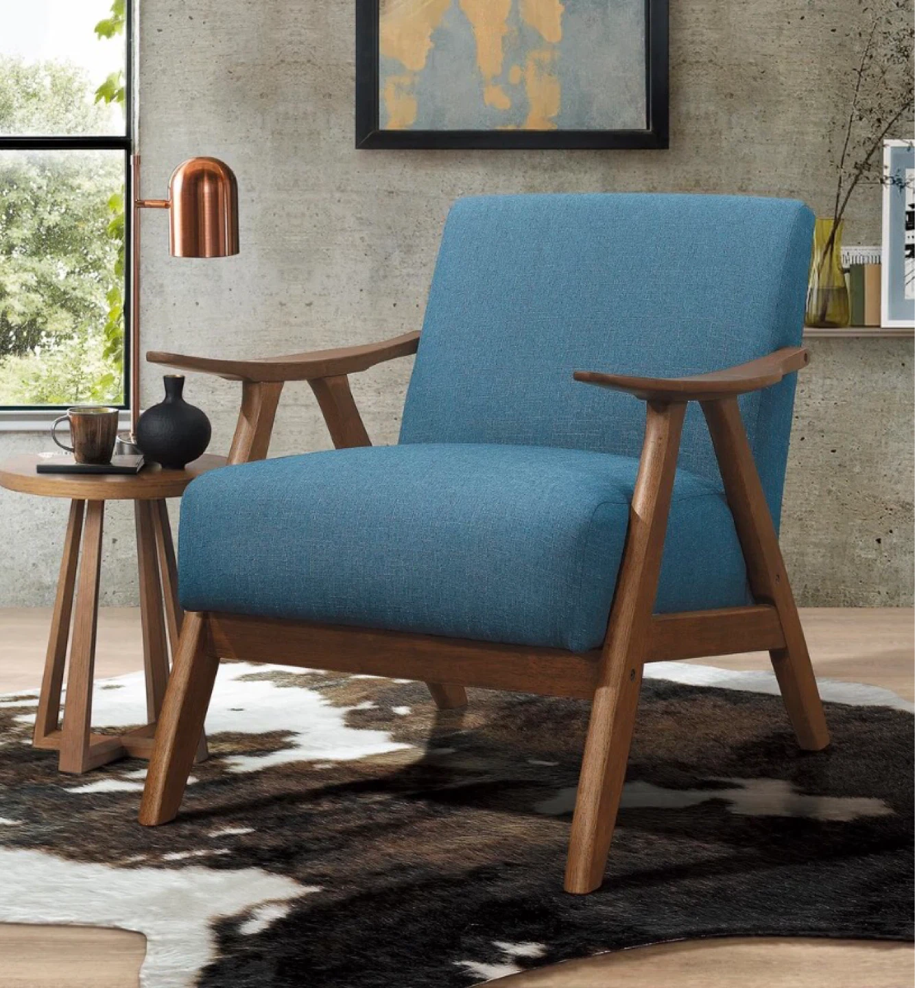 Walnut Wood Retro Blue Accent Chair