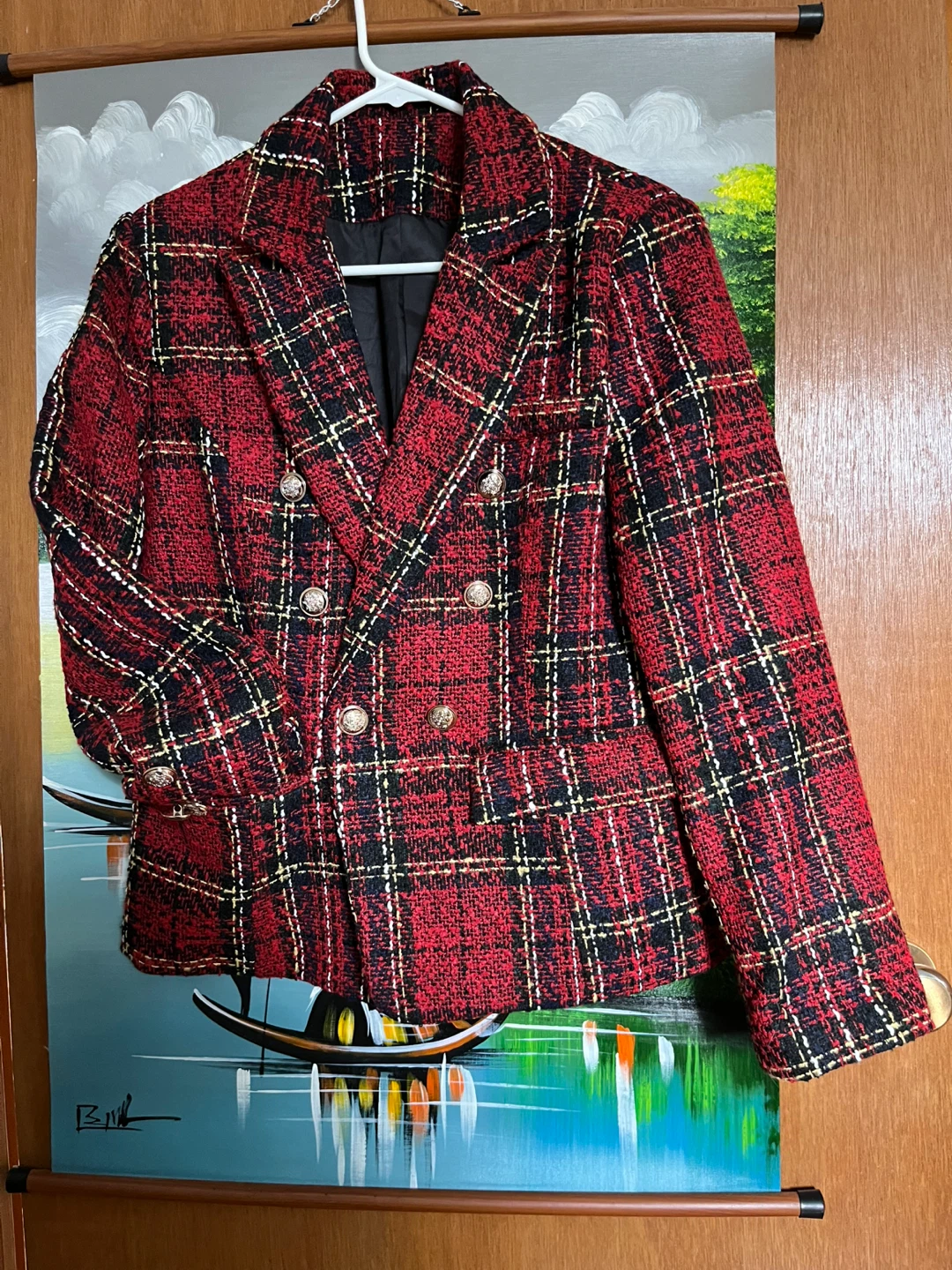 Red Plaid Double-Breasted Blazer