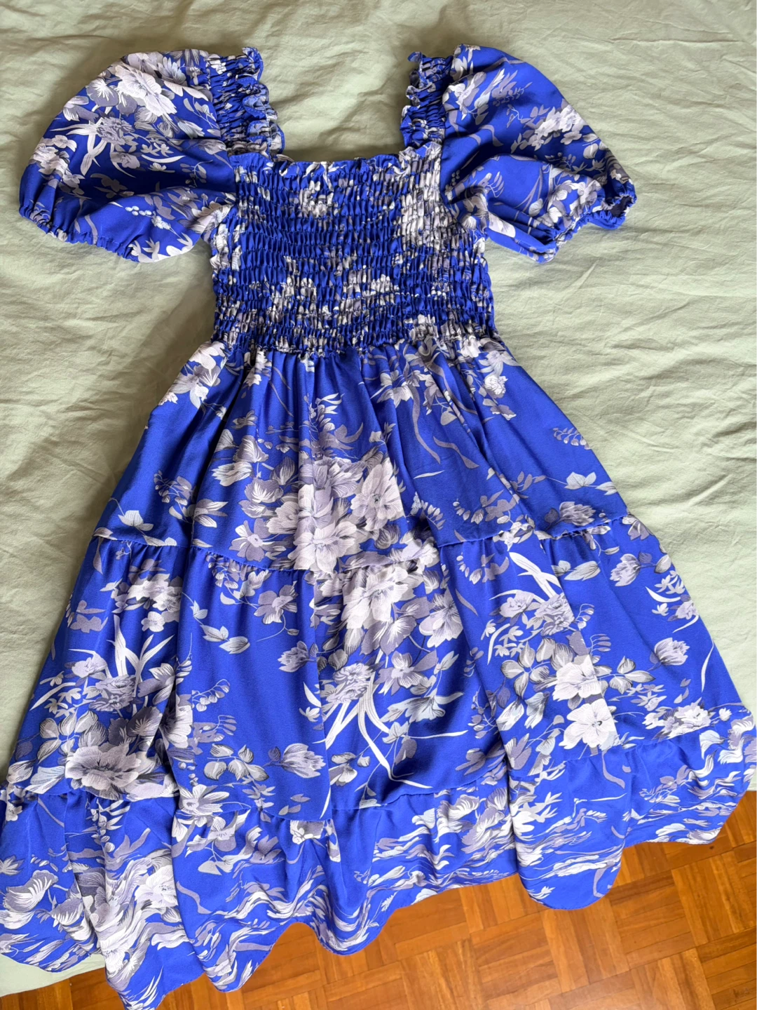Blue Floral Puff Sleeve Smocked Dress