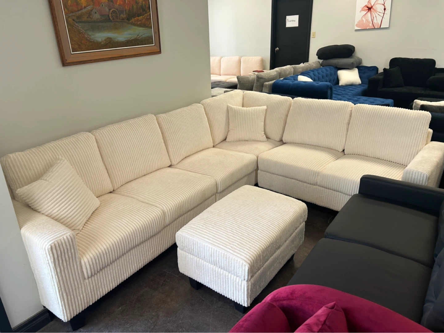 Cream Corduroy Sectional Sofa with Ottoman