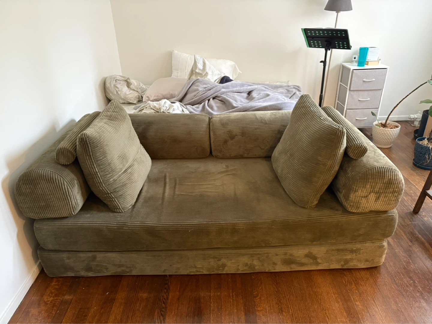Olive Green Corduroy Sofa with Pillows