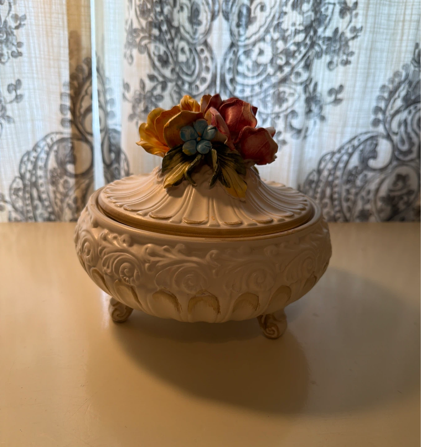 Vintage Italian Ceramic Trinket Box with Flowers