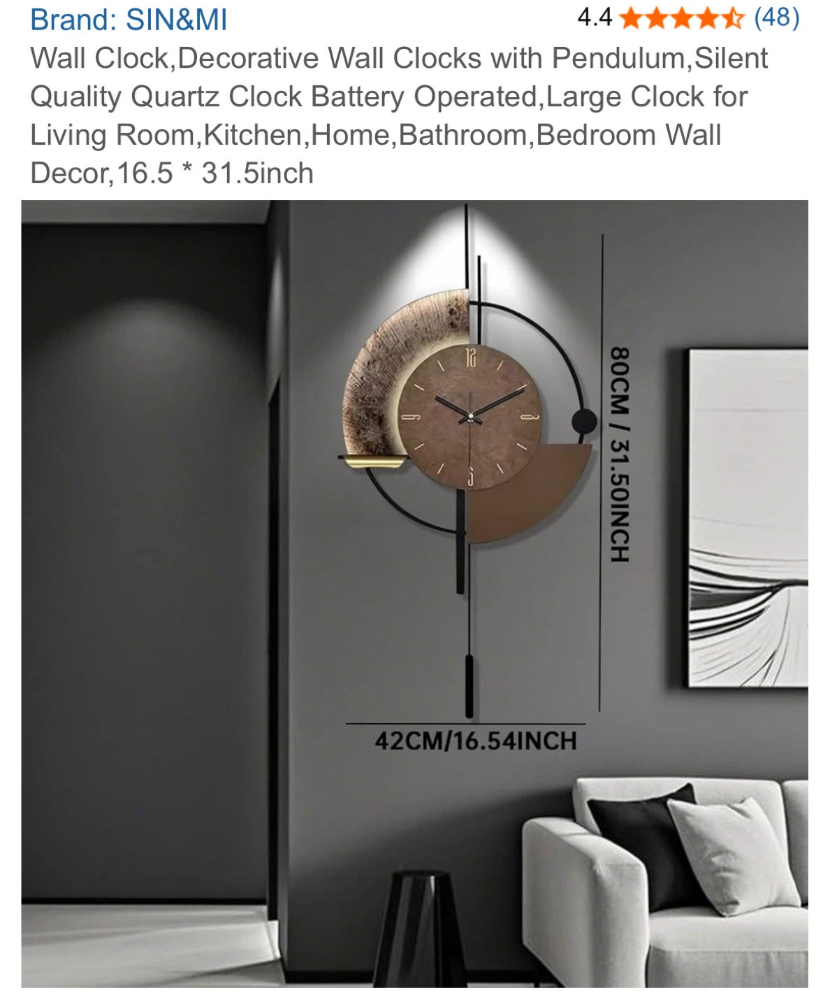 SIN&MI Decorative Wall Clock with Pendulum - 16.5" x 31.5" - photo 2