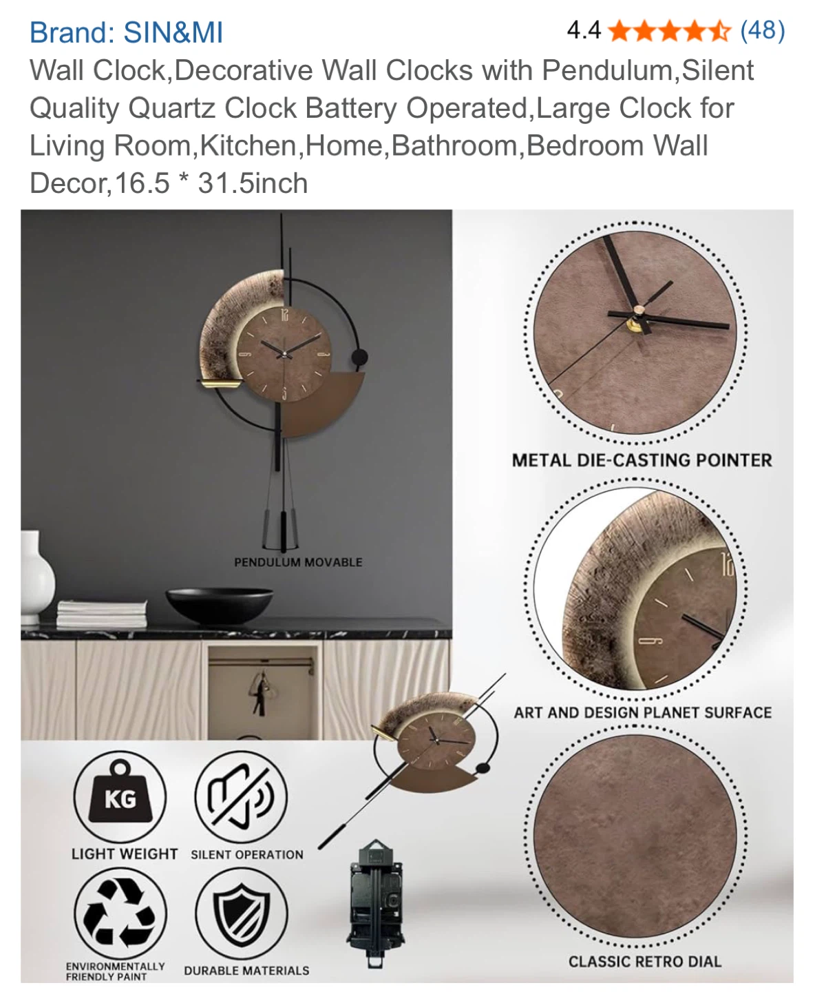 SIN&MI Decorative Wall Clock with Pendulum - 16.5" x 31.5" - photo 3
