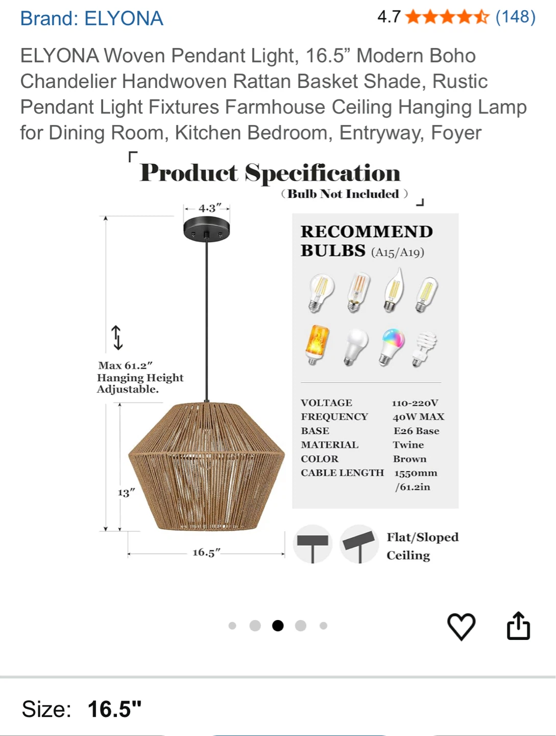 ELYONA Woven Pendant Light 16.5" - photo 3