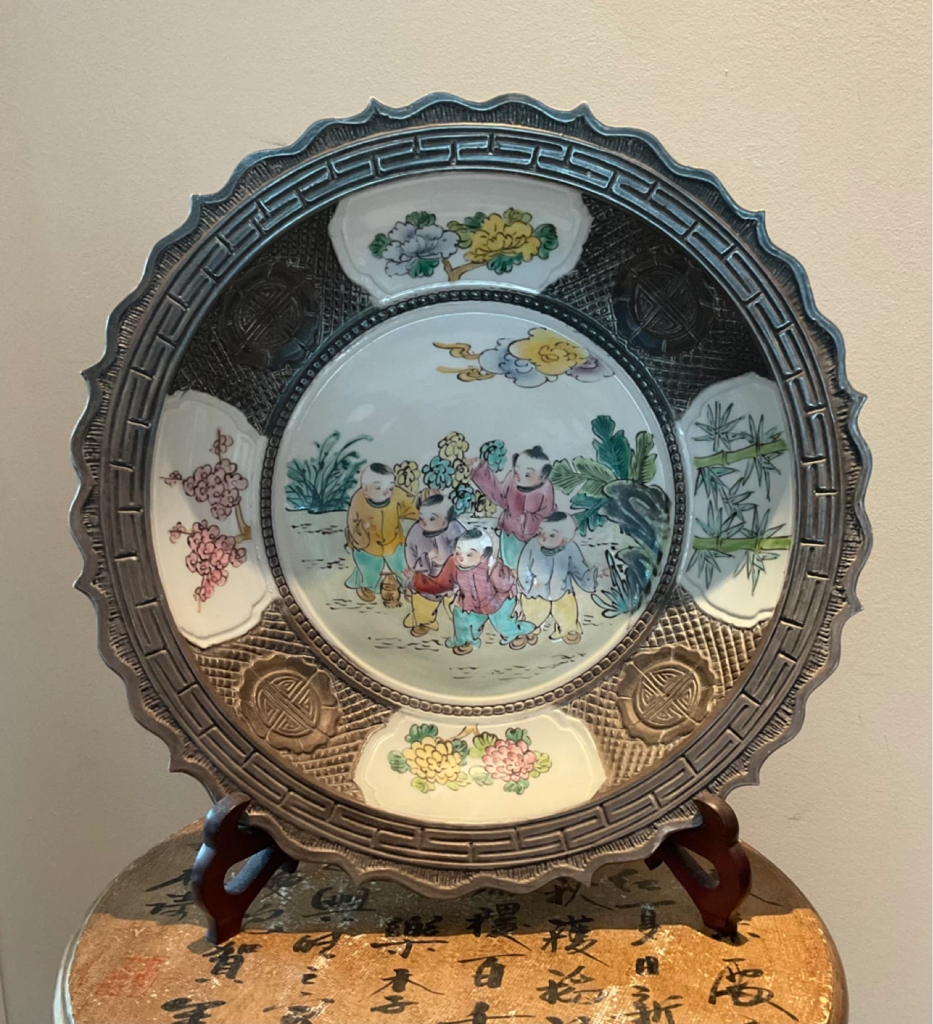 Vintage Chinese Porcelain Charger with grey scalloped edges