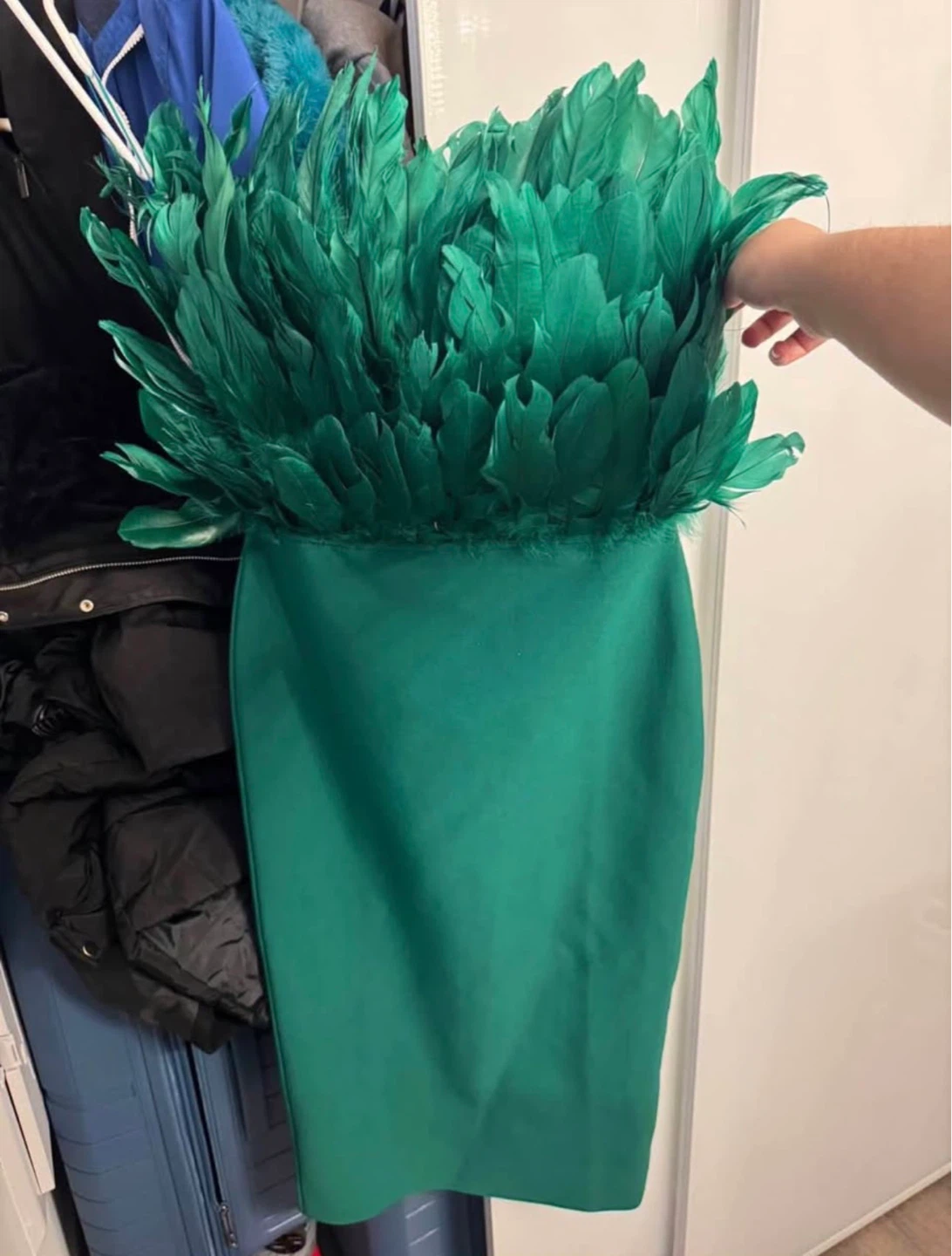 Green Feather Trimmed Strapless Dress