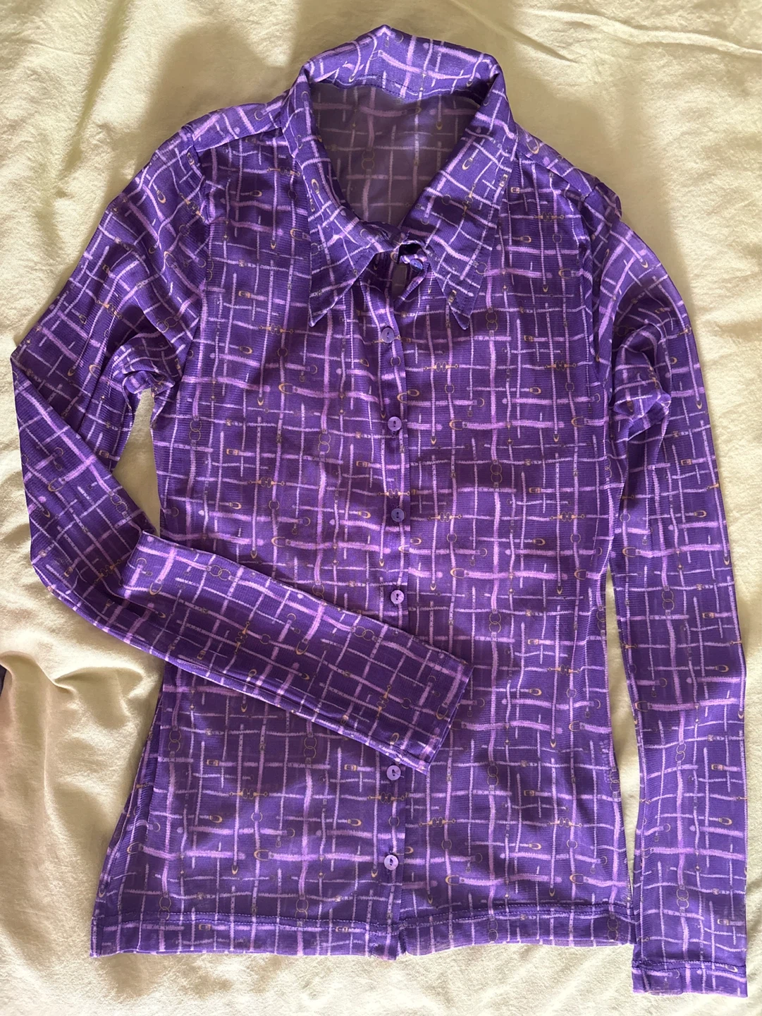 Sheer Purple Plaid Long Sleeve Button-Up Shirt