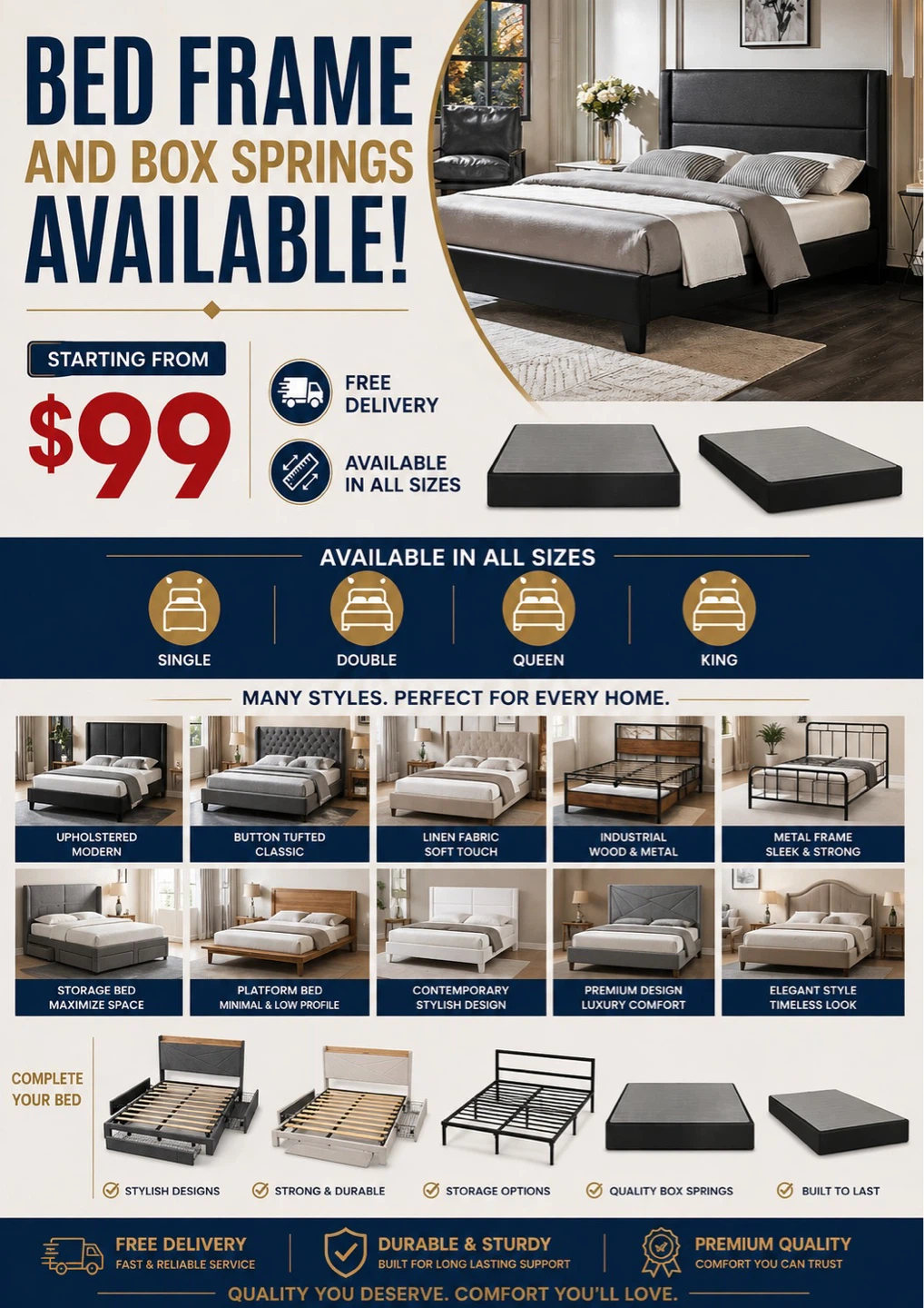 Bed Frames and Box Springs Available in All Sizes