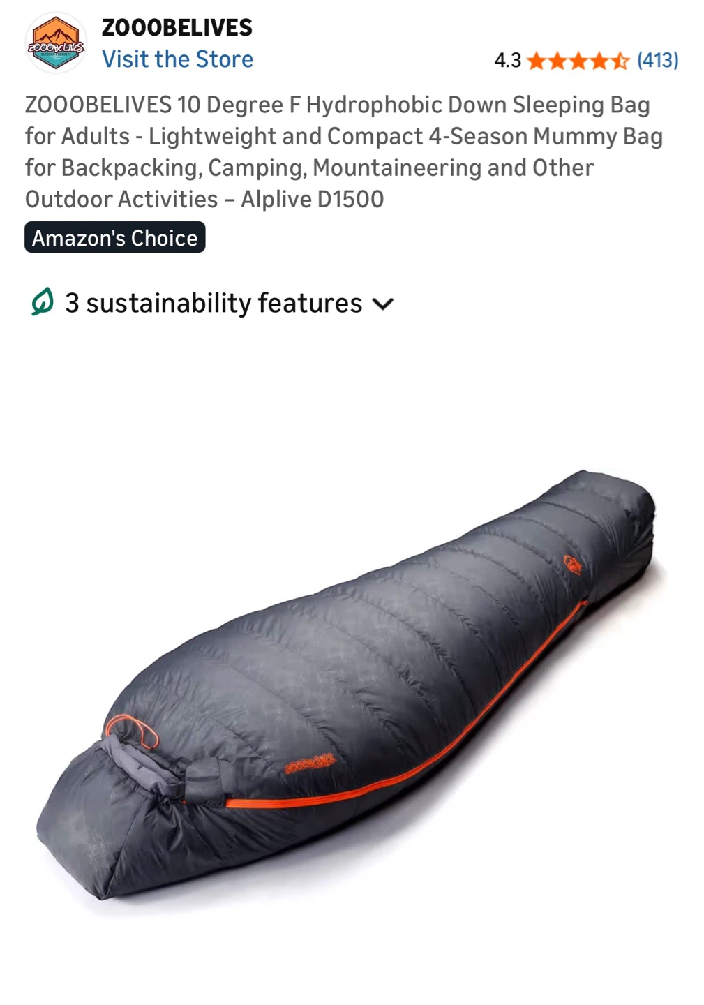 ZOOOBELIVES 10 Degree F Down-Filled Sleeping Bag
