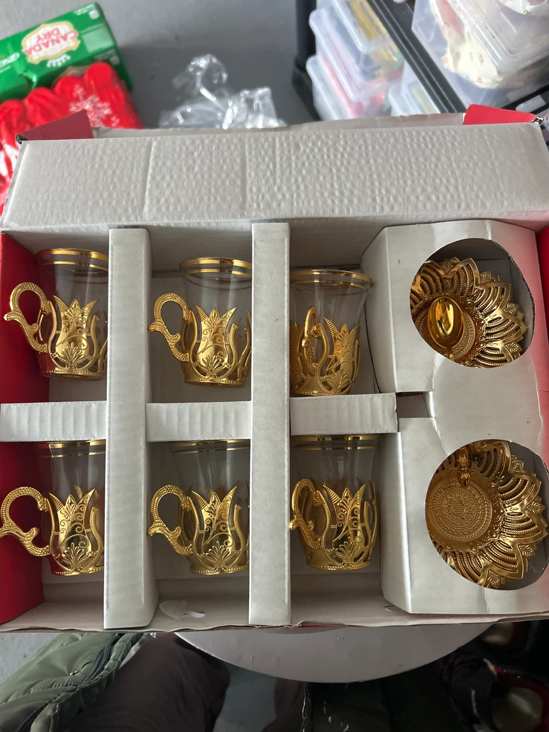 Set of 6 Gold Trimmed Tea Glasses with Saucers