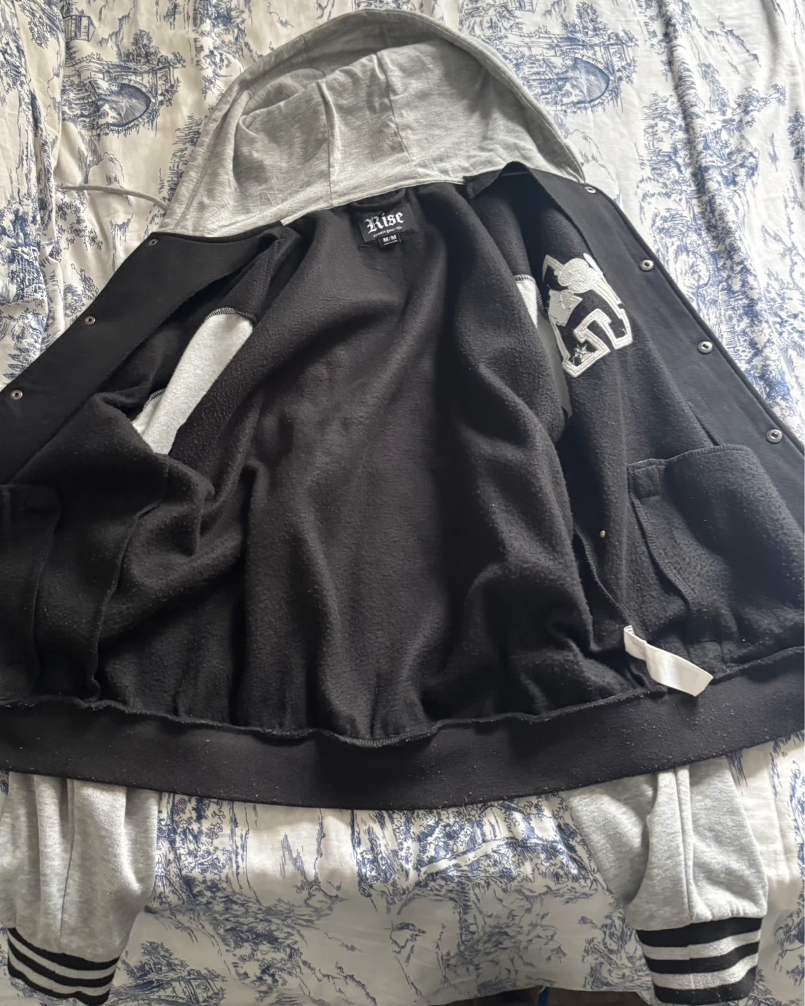 Black and grey varsity-style bomber/letterman jacket - photo 2