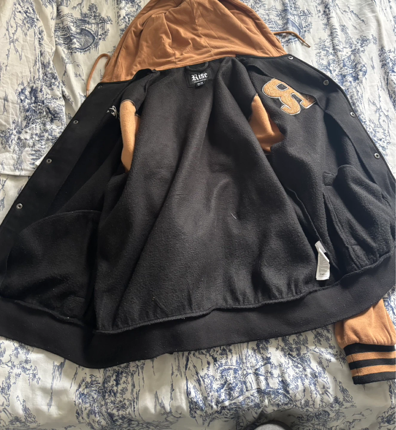 Black and tan/brown varsity-style bomber/letterman jacket - photo 2