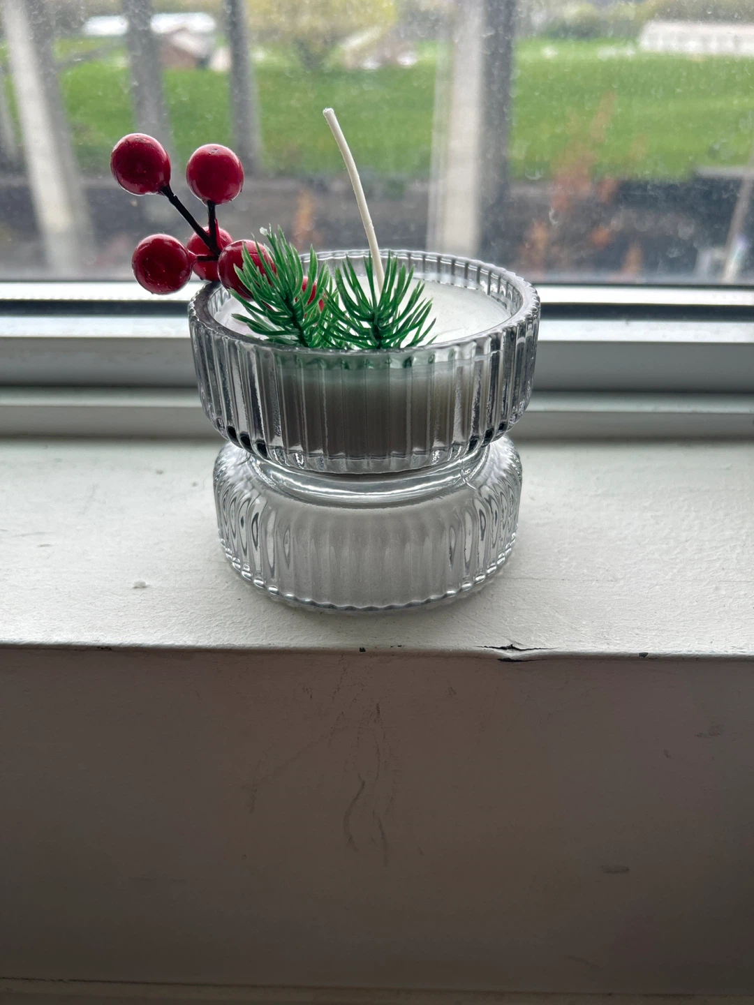 Decorative Glass Candle with Holly Berries and Pine