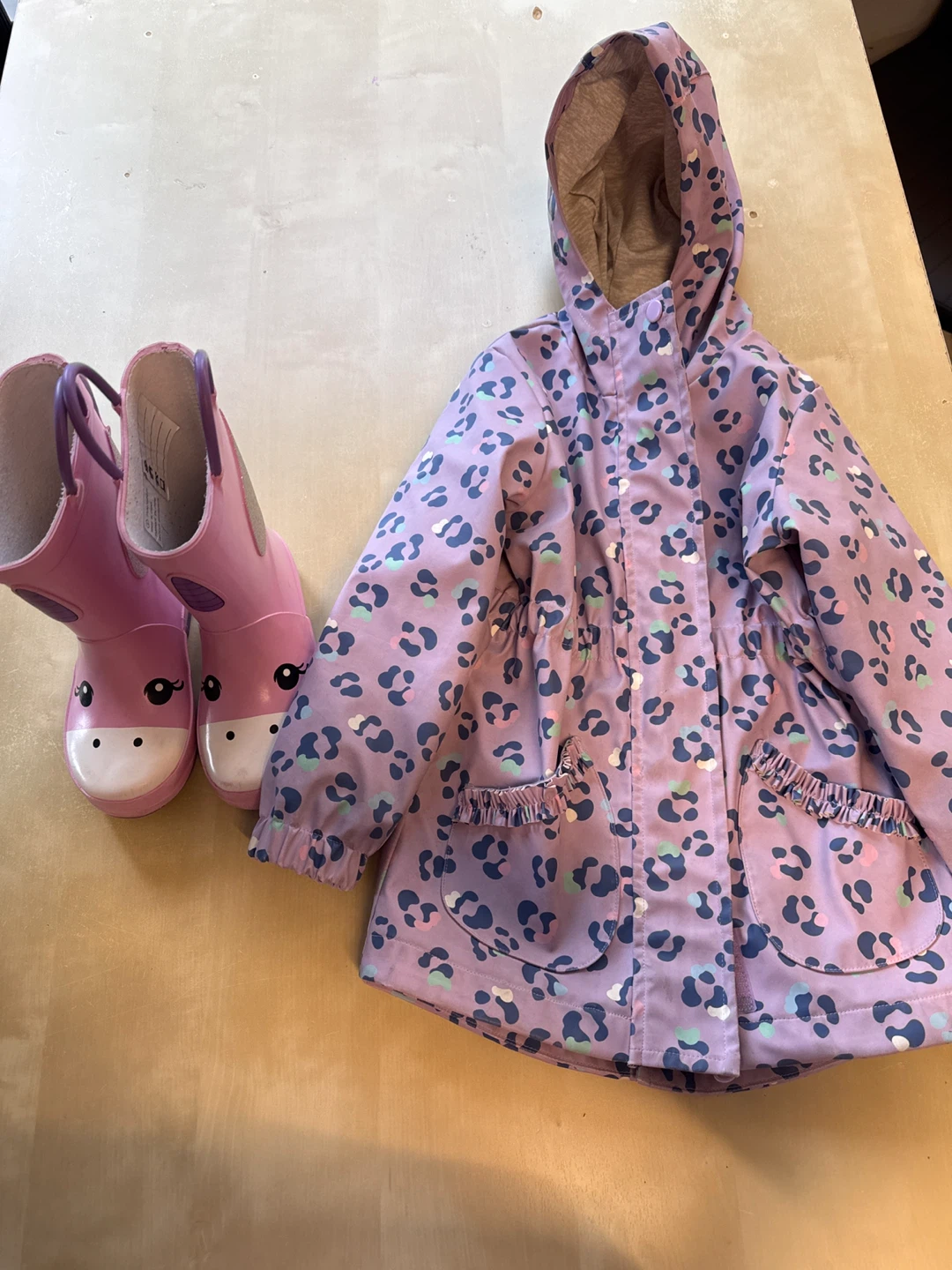 Kids Purple Leopard Print Raincoat and Boots Set