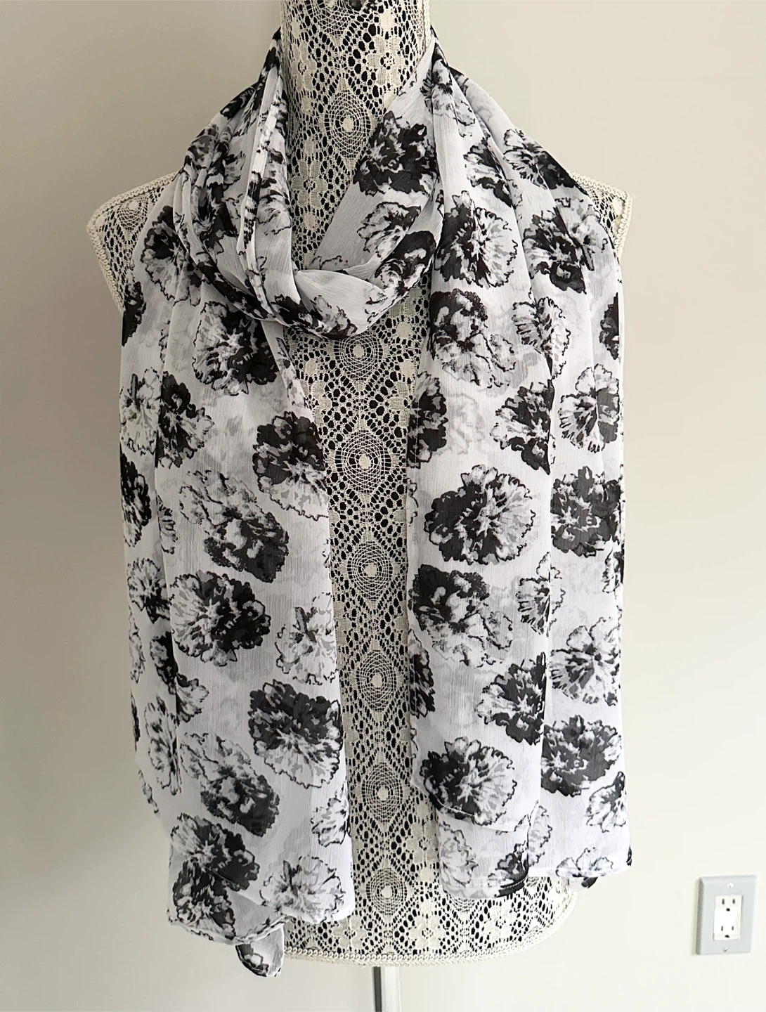 White and Black Floral Scarf