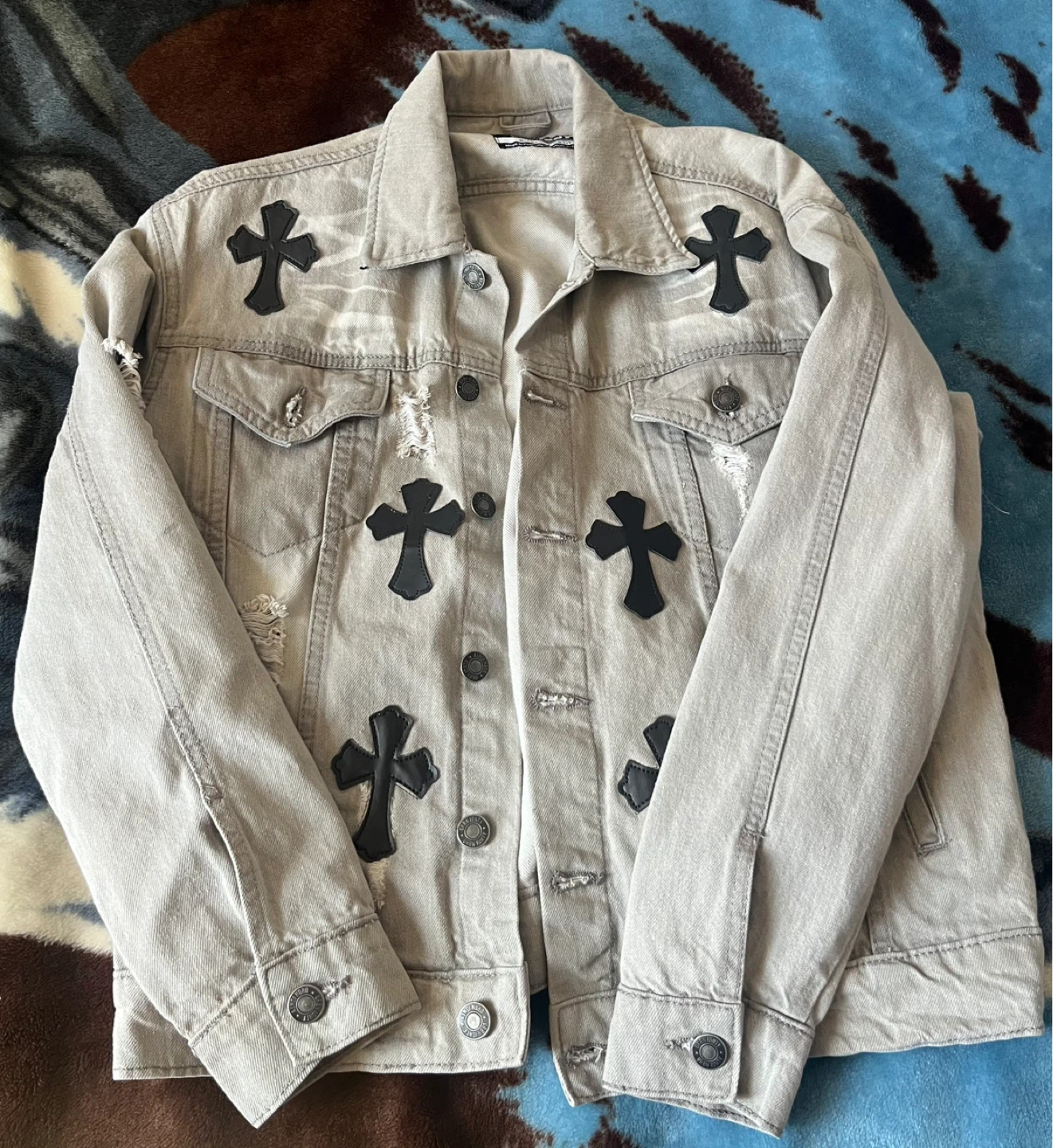 Grey Denim Jacket with Cross Embellishments