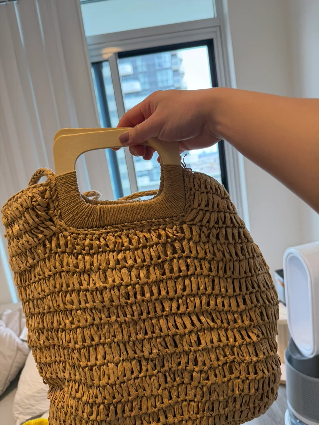 Straw Tote Bag with Wooden Handles