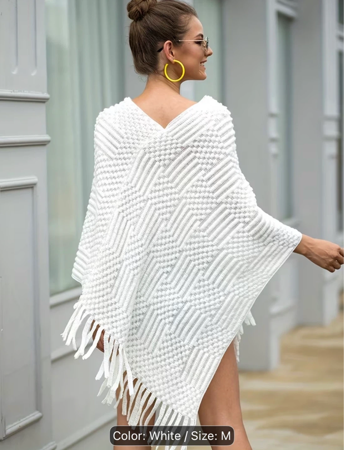 White Knit Poncho with Tassels - Size M