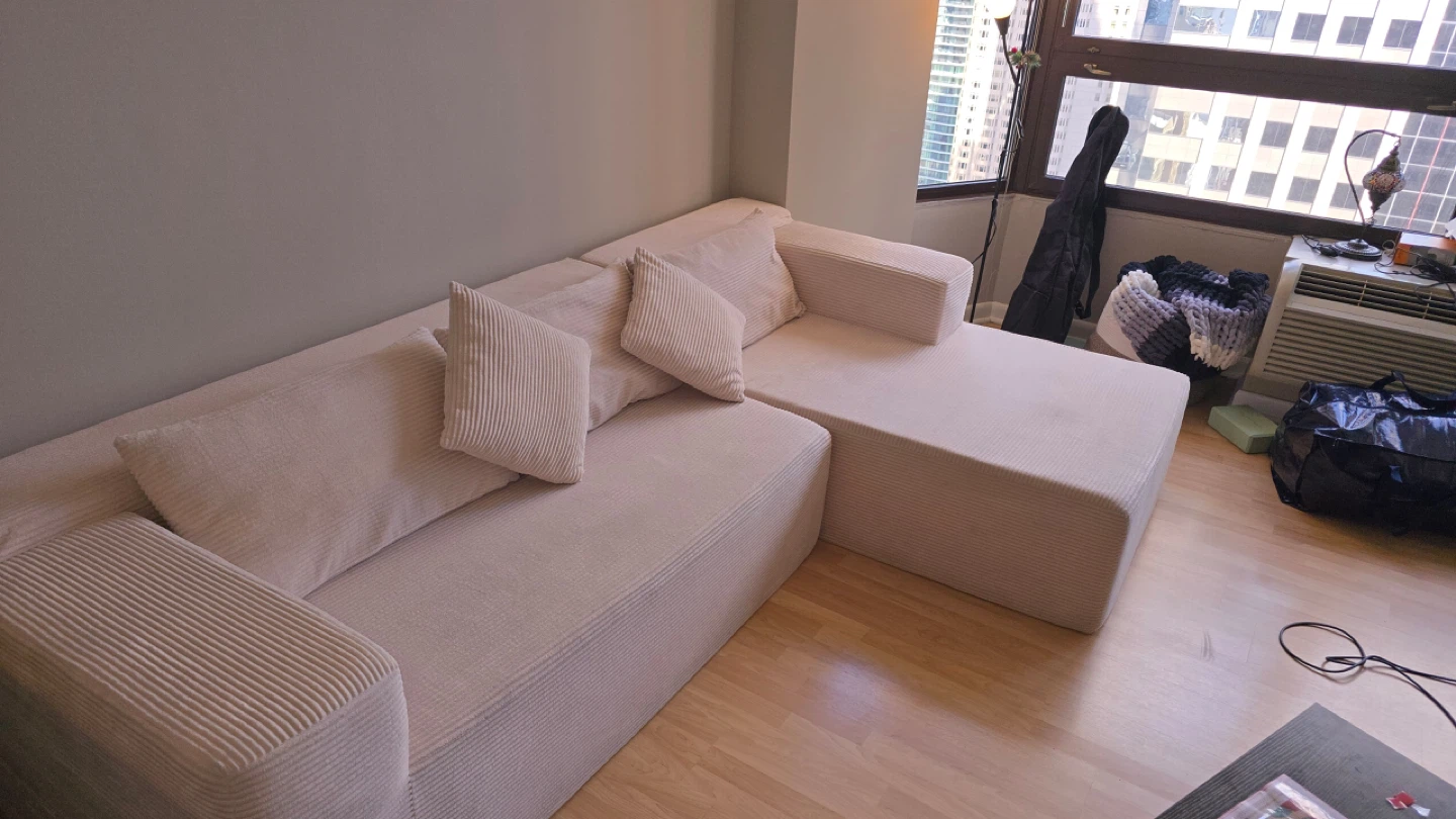 Cream Corduroy Sectional Sofa with Chaise - photo 2