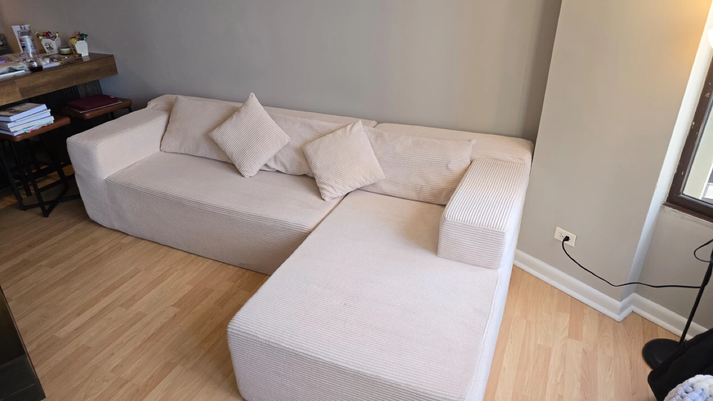 Cream Corduroy Sectional Sofa with Chaise