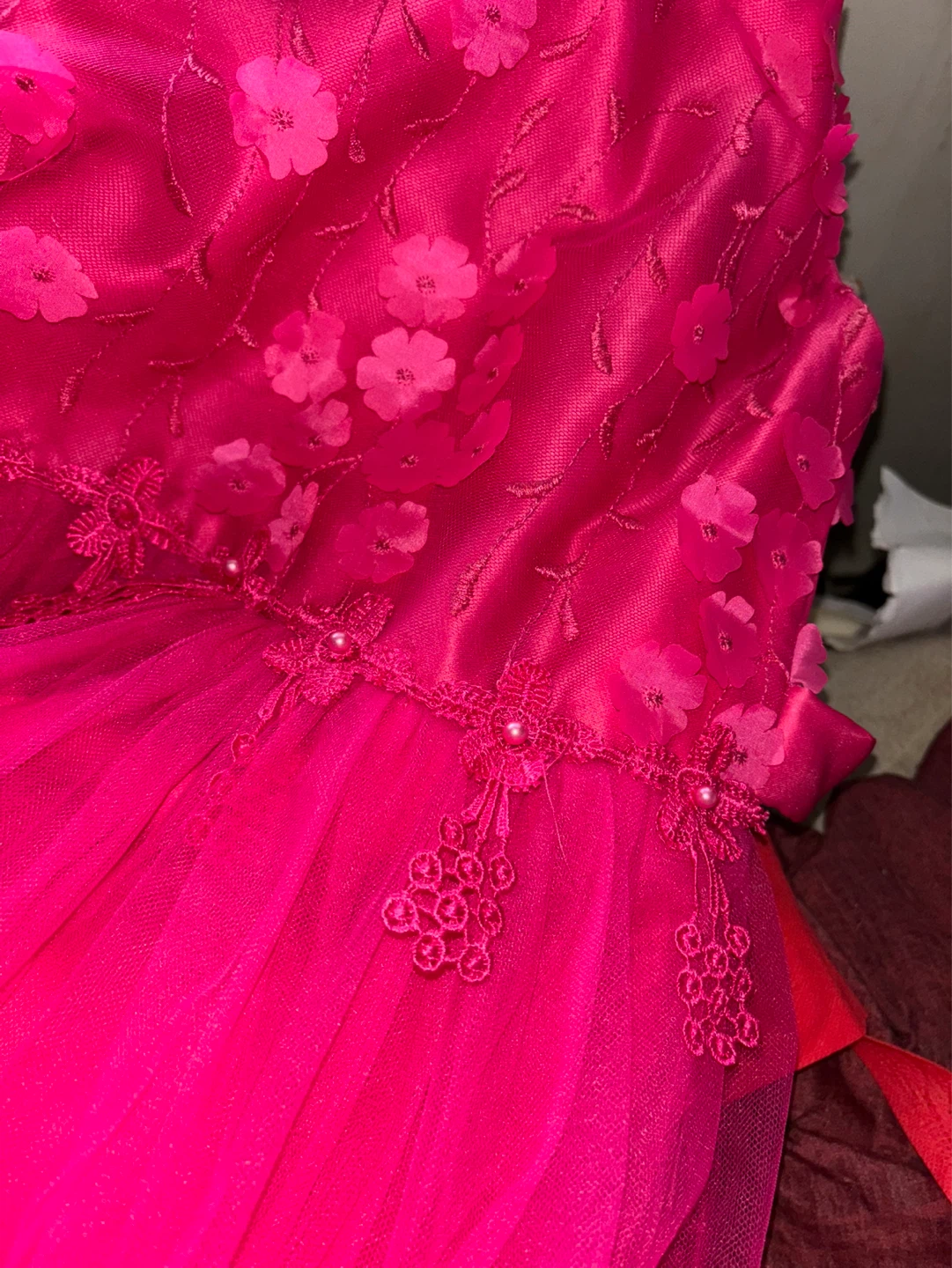 Girls' Hot Pink Dress with Floral Appliqués and Bow - photo 2