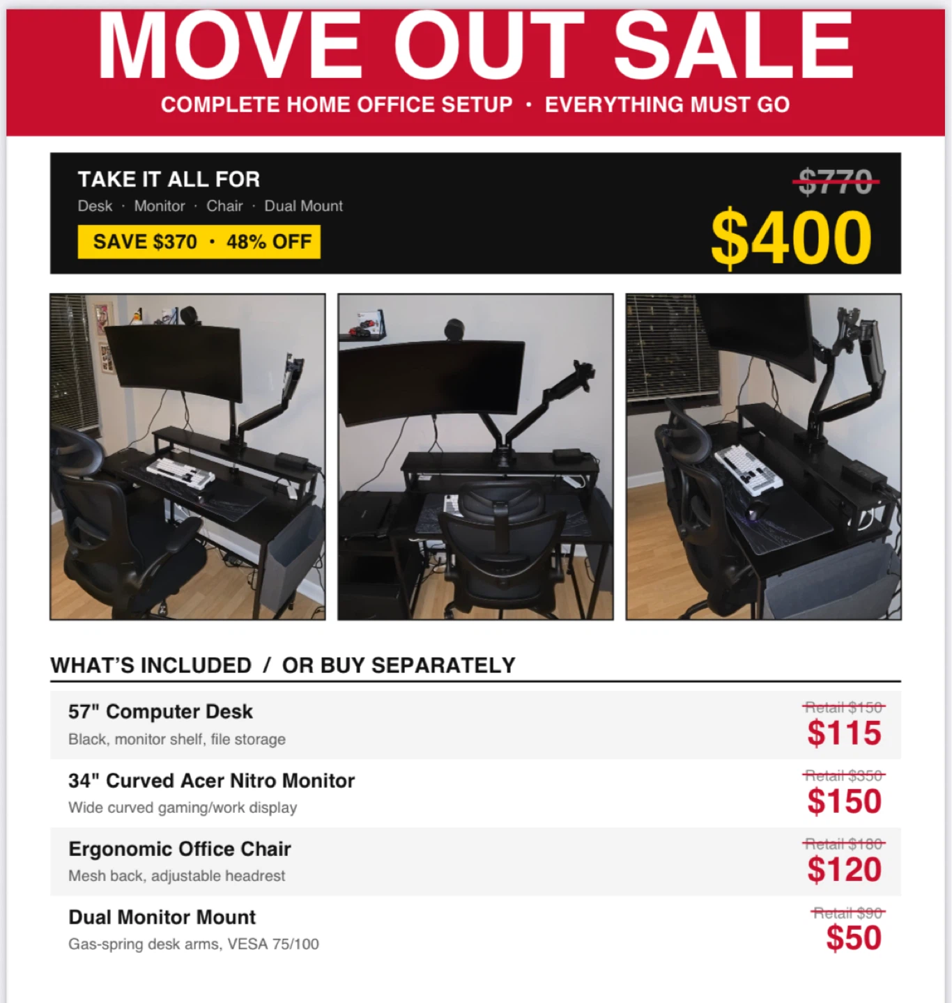 Computer Desk, Monitor, Ergonomic Chair, Dual Monitor Mount