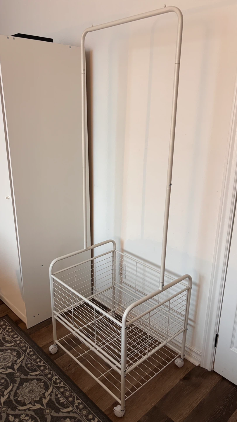 White Metal Rolling Storage Cart with Hanging Bar