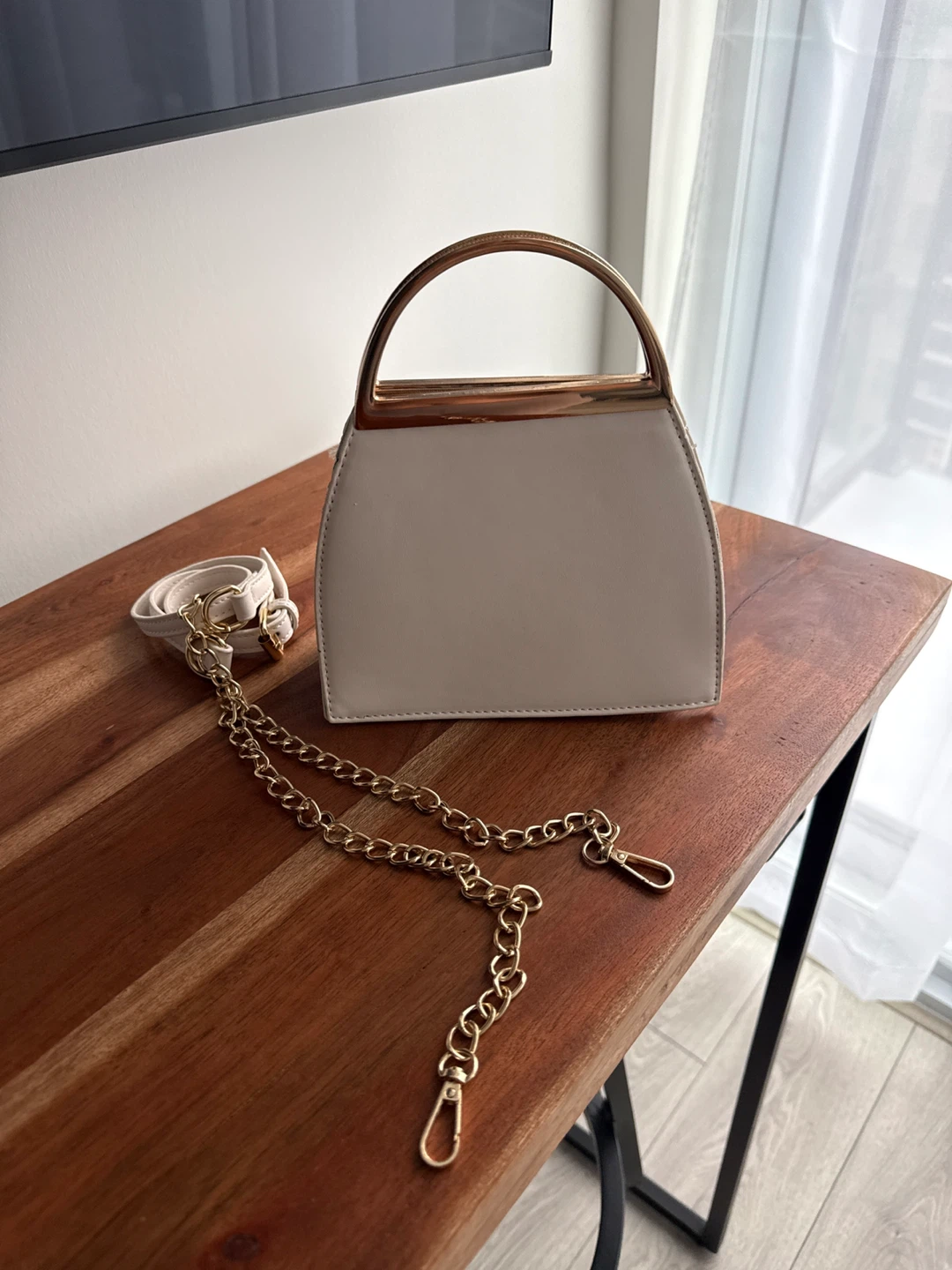 White Handbag with Gold Chain Strap