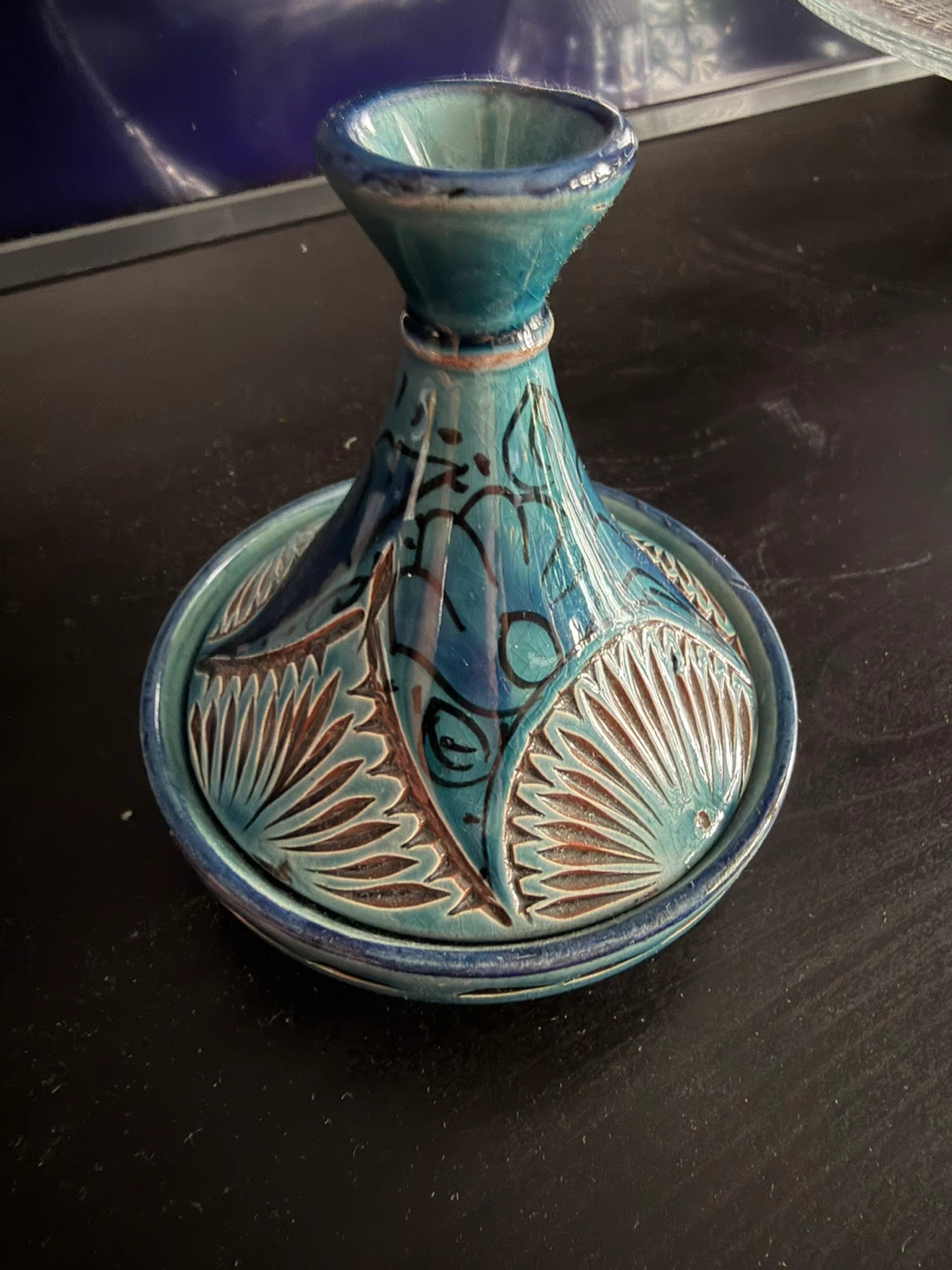 Small Blue Ceramic Dish with Lid with Decorative Design