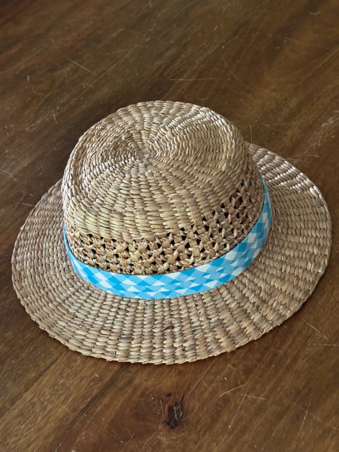 Straw Summer Hat with Blue Gingham Ribbon - photo 2