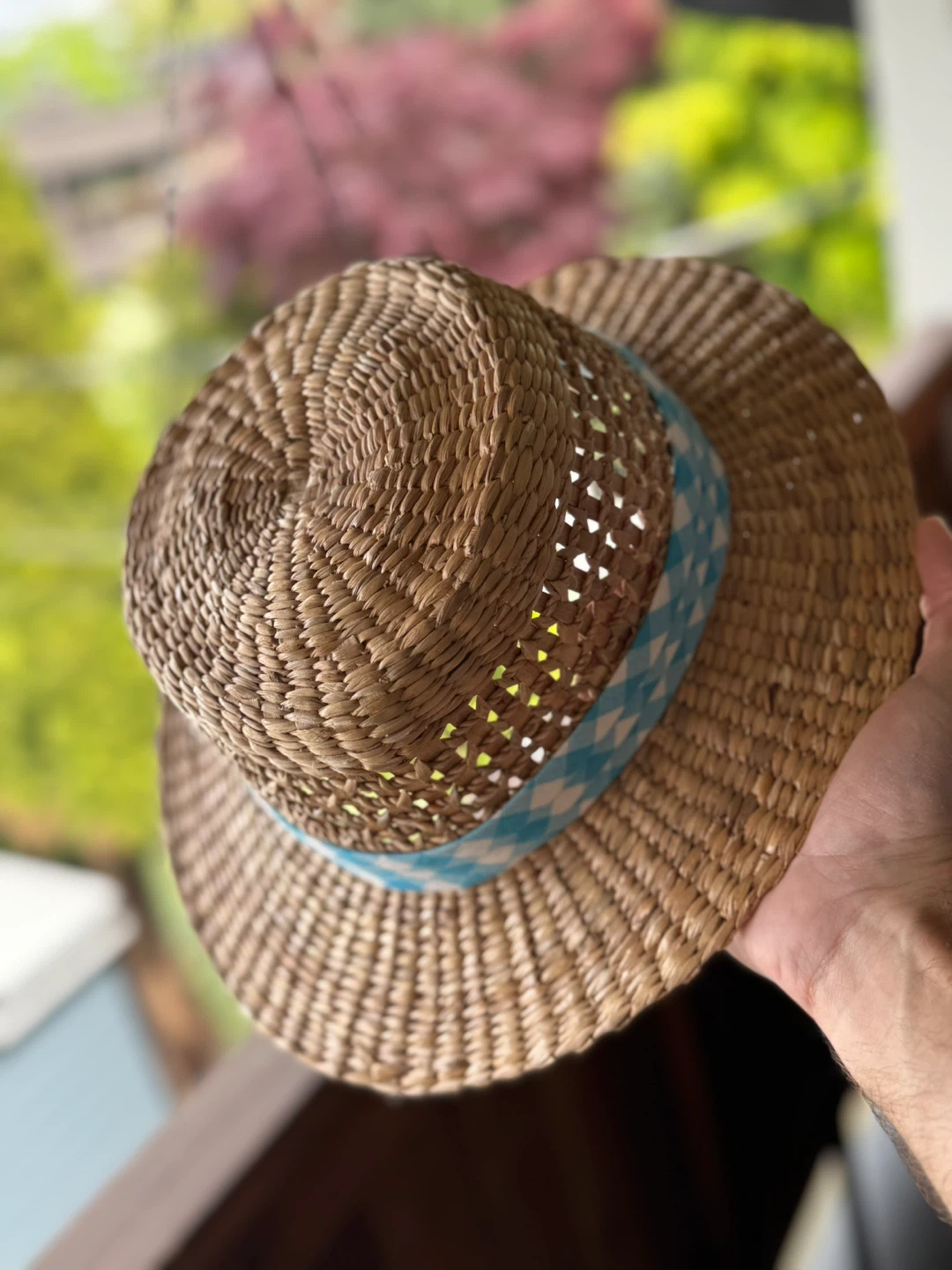 Straw Summer Hat with Blue Gingham Ribbon