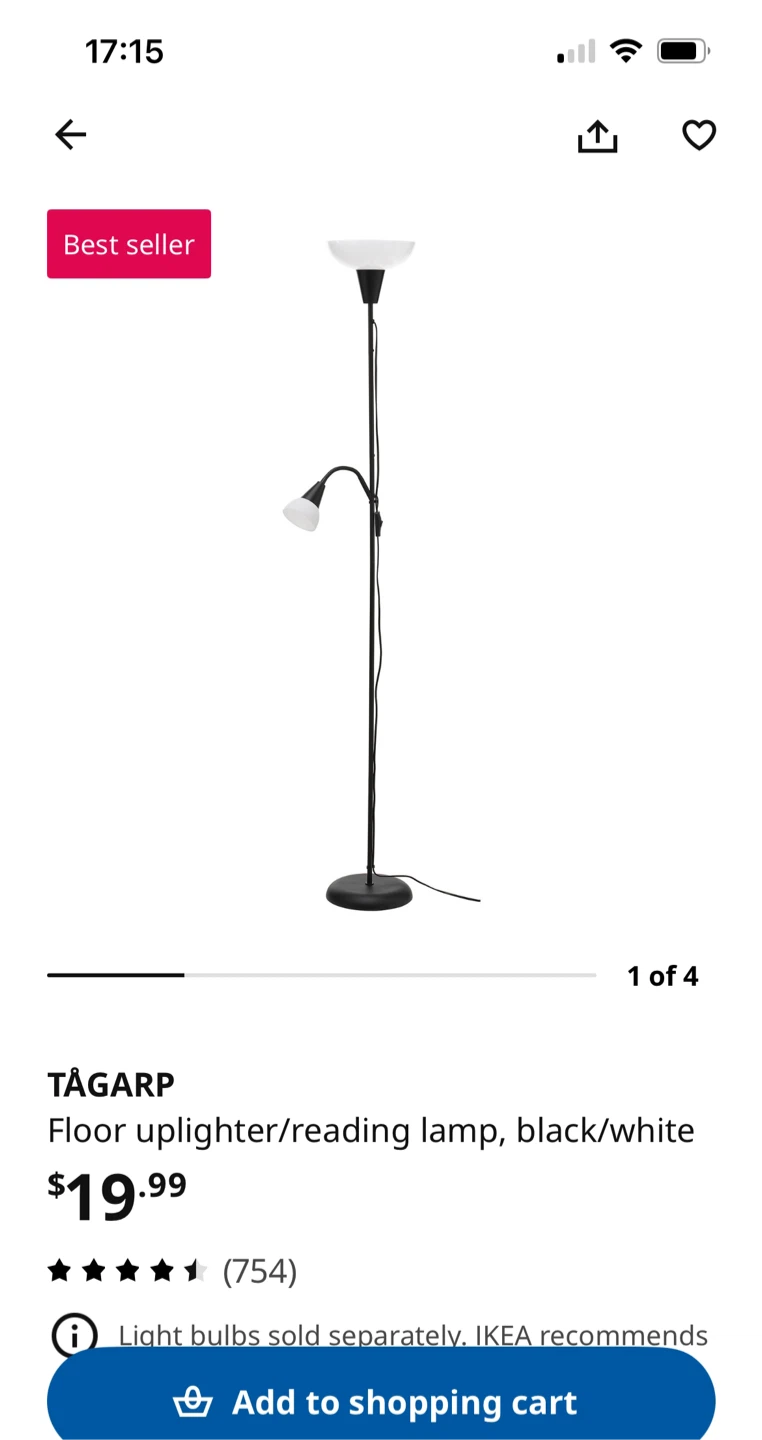 IKEA TÅGARP Floor Uplighter/Reading Lamp, Black/White