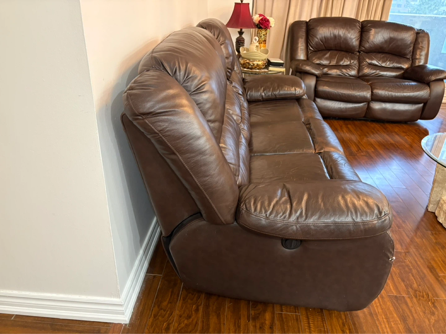 Brown Leather Reclining Sofa and Loveseat Set - photo 3