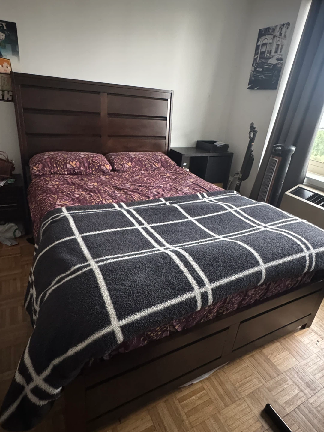 Dark Wood Queen Bed Frame with base board and mattress