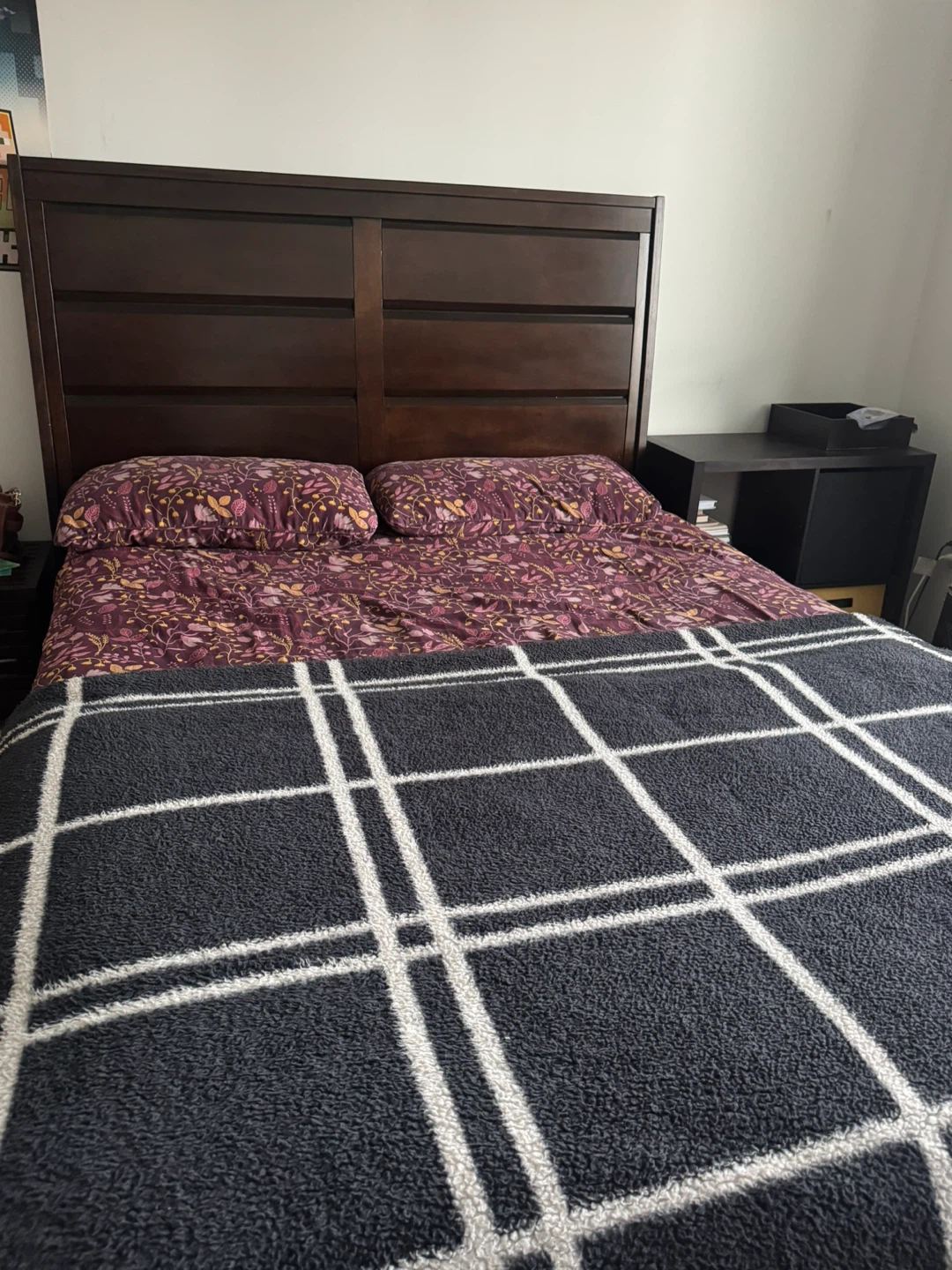 Dark Wood Queen Bed Frame with base board and mattress - photo 2