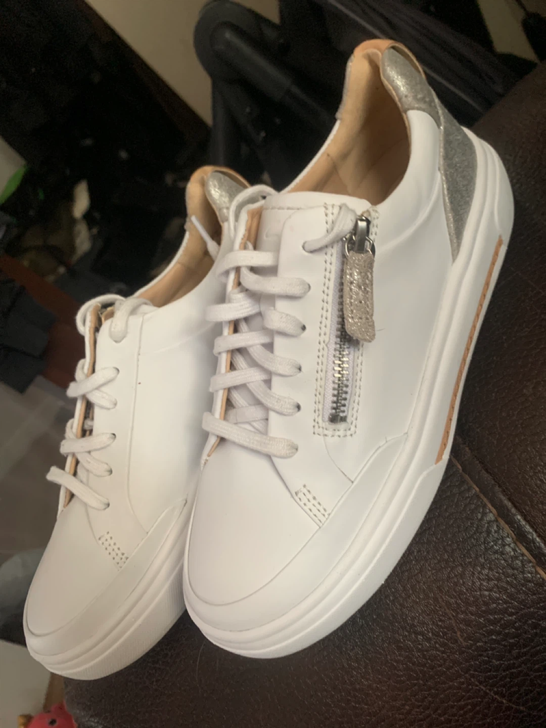White Leather Sneakers with Zip Detail size 7