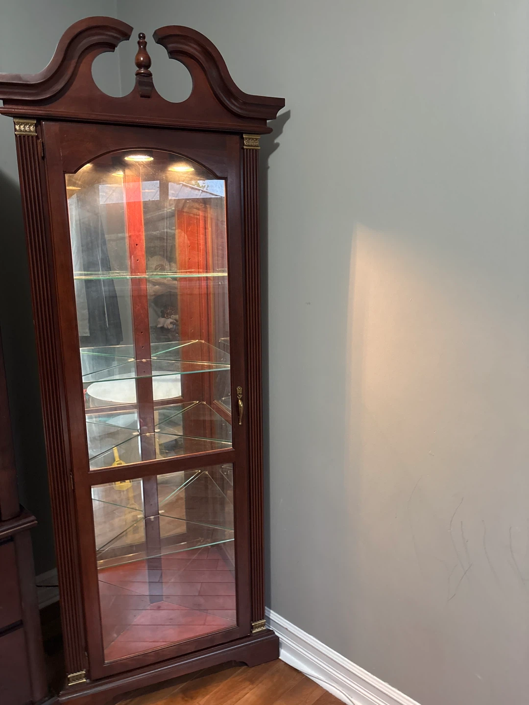 Tall Cherry Wood Curio Cabinet with Glass Shelves