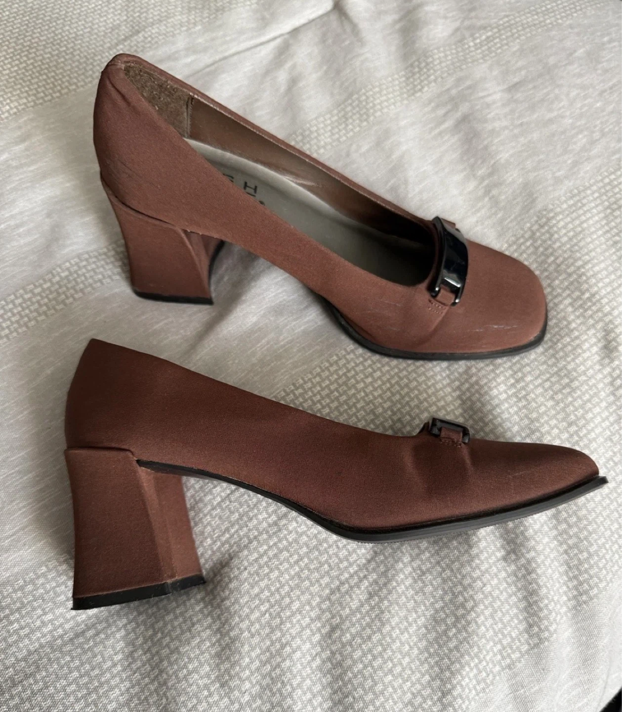 Brown Fabric Square Toe Heels Size 7 - photo 3