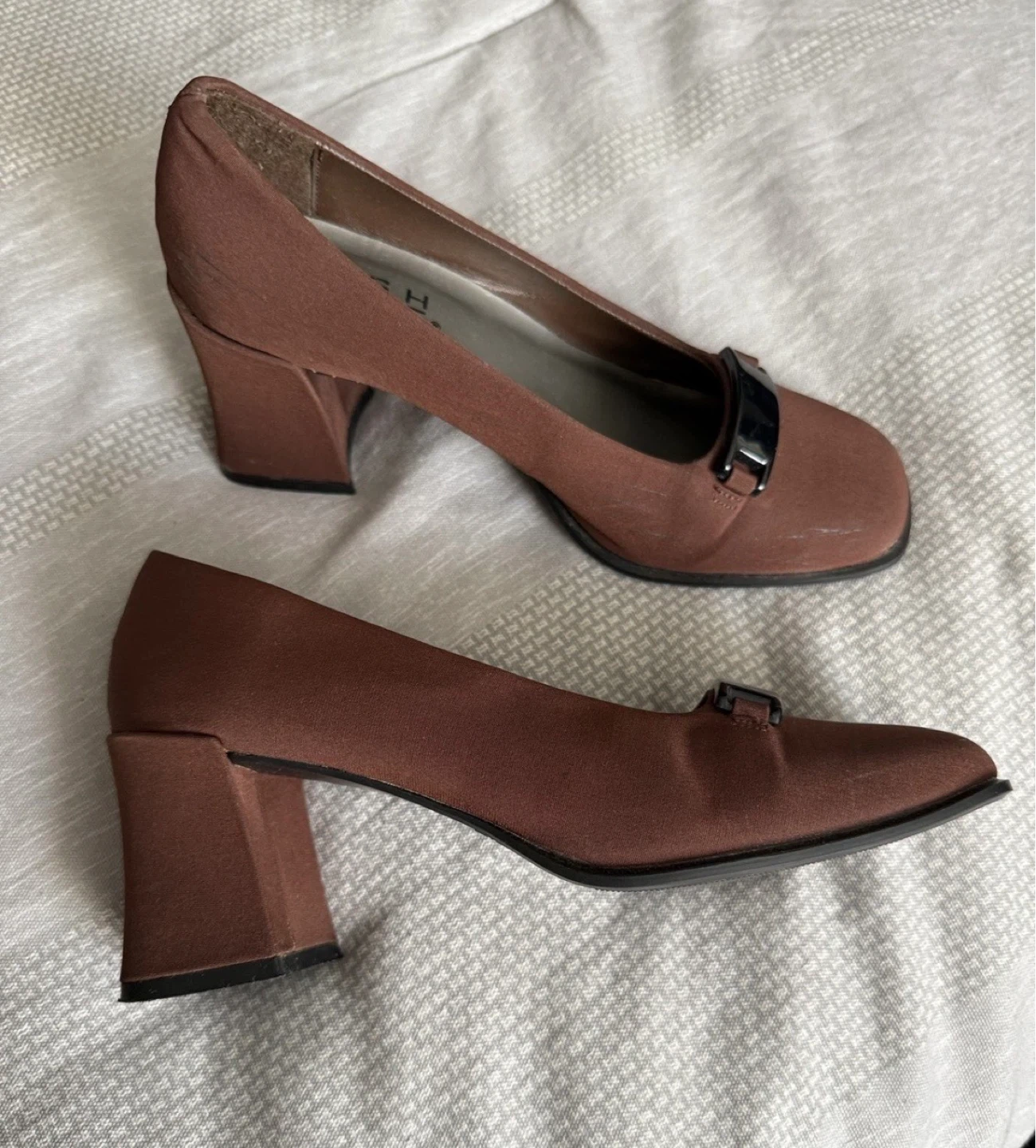 Brown Fabric Square Toe Heels Size 7