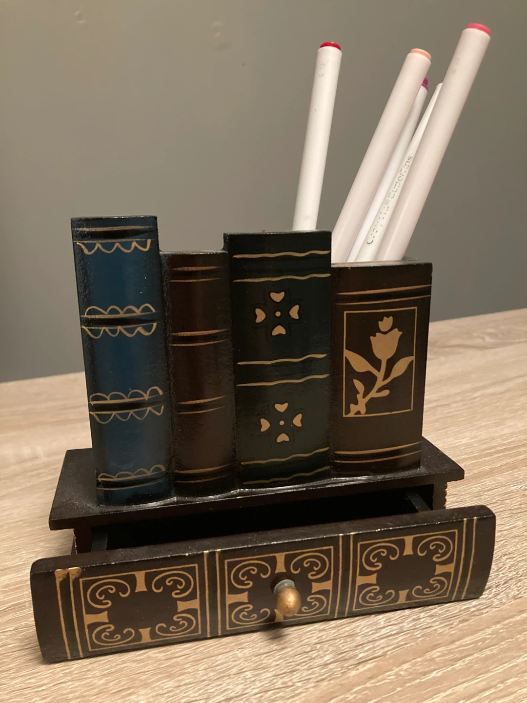 Wooden Book-Shaped Desk Organizer with Drawer