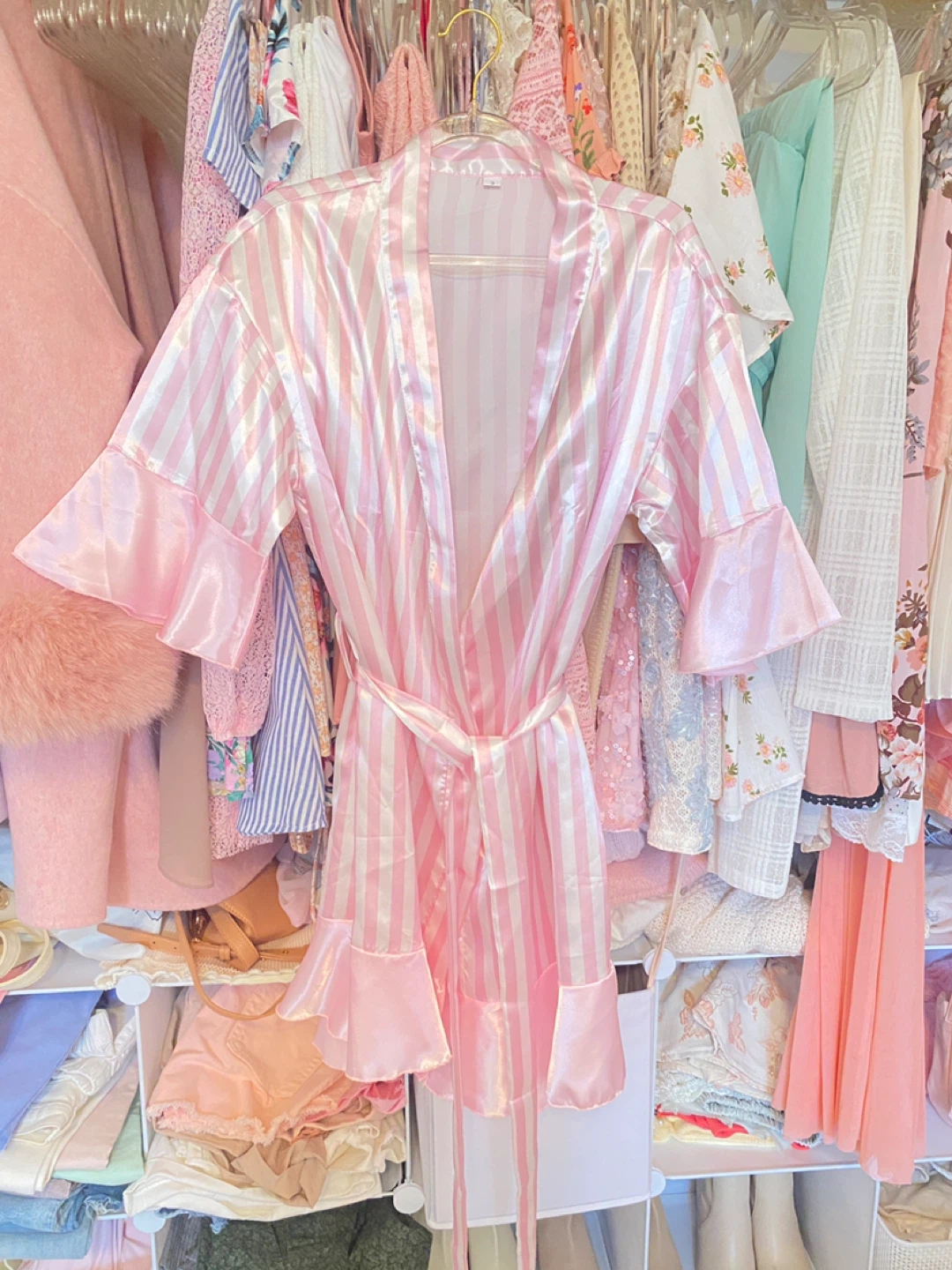 Pink and White Striped Satin Robe