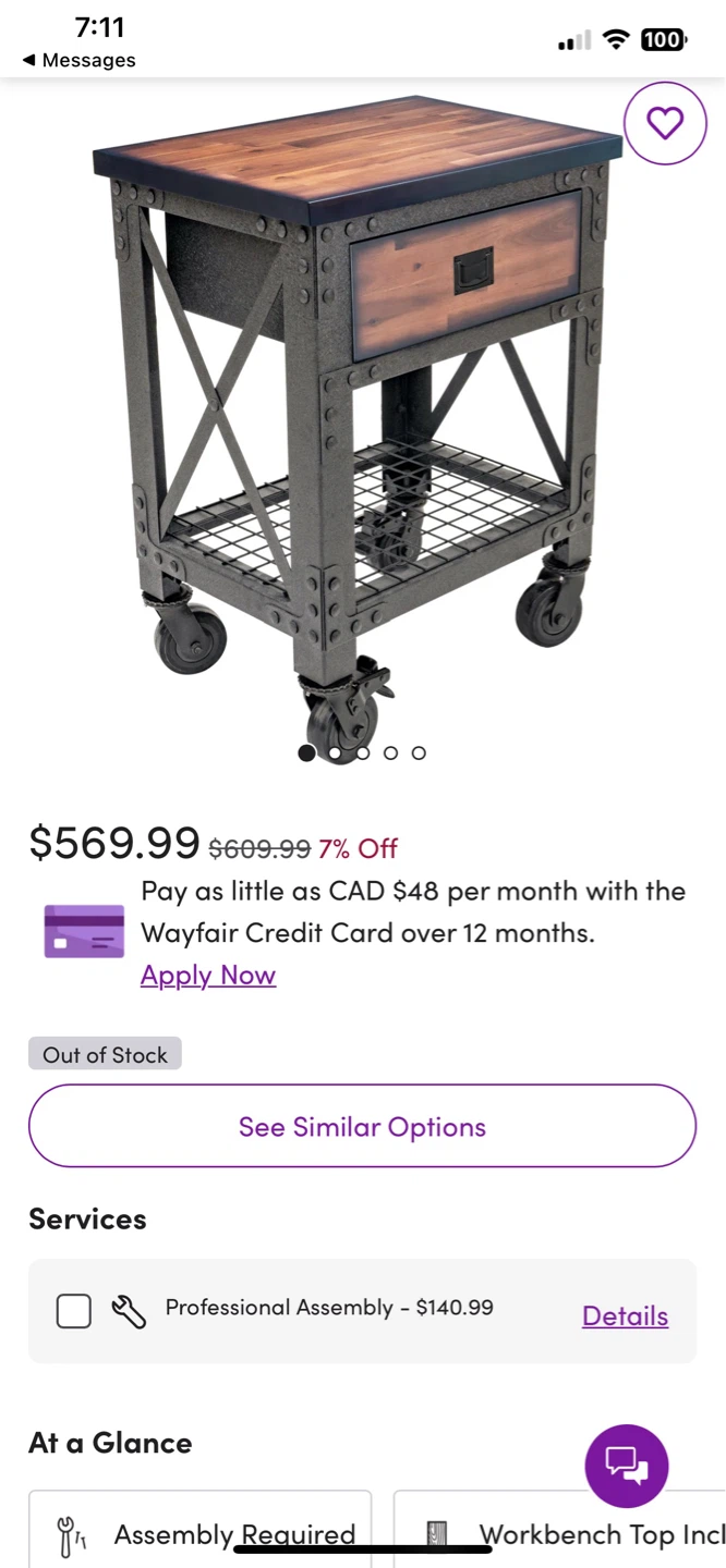 Industrial Style Rolling Kitchen Cart with Drawer