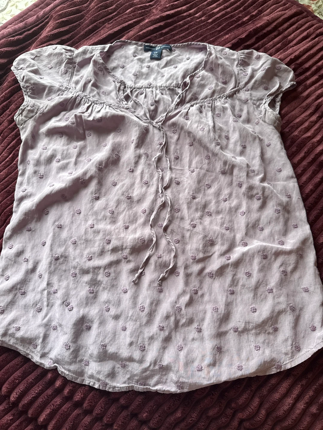GAP Women's Blouse S/P Lilac Embroidered Tie Neck