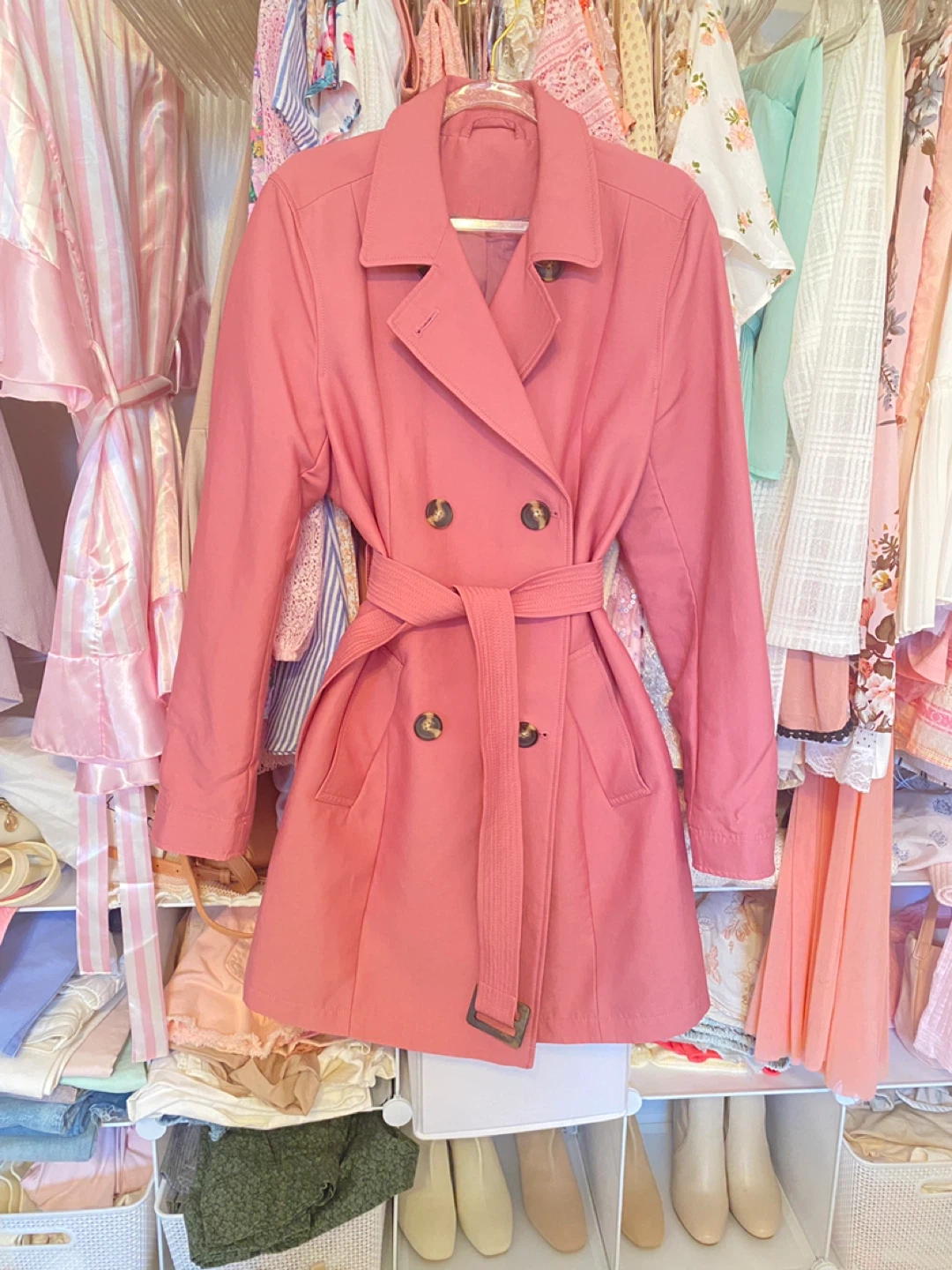 Pink Double-Breasted Trench Coat